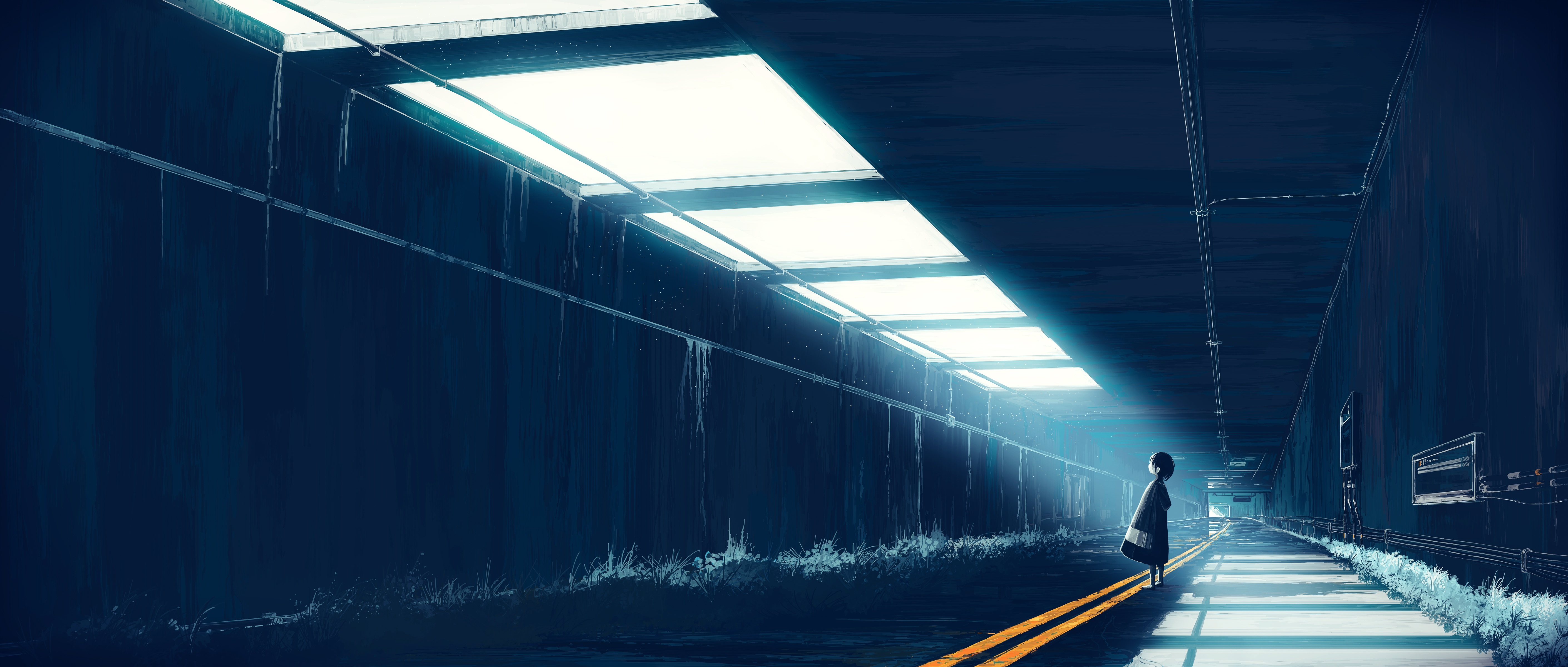 Girl in a dark tunnel 4K HD Wallpaper