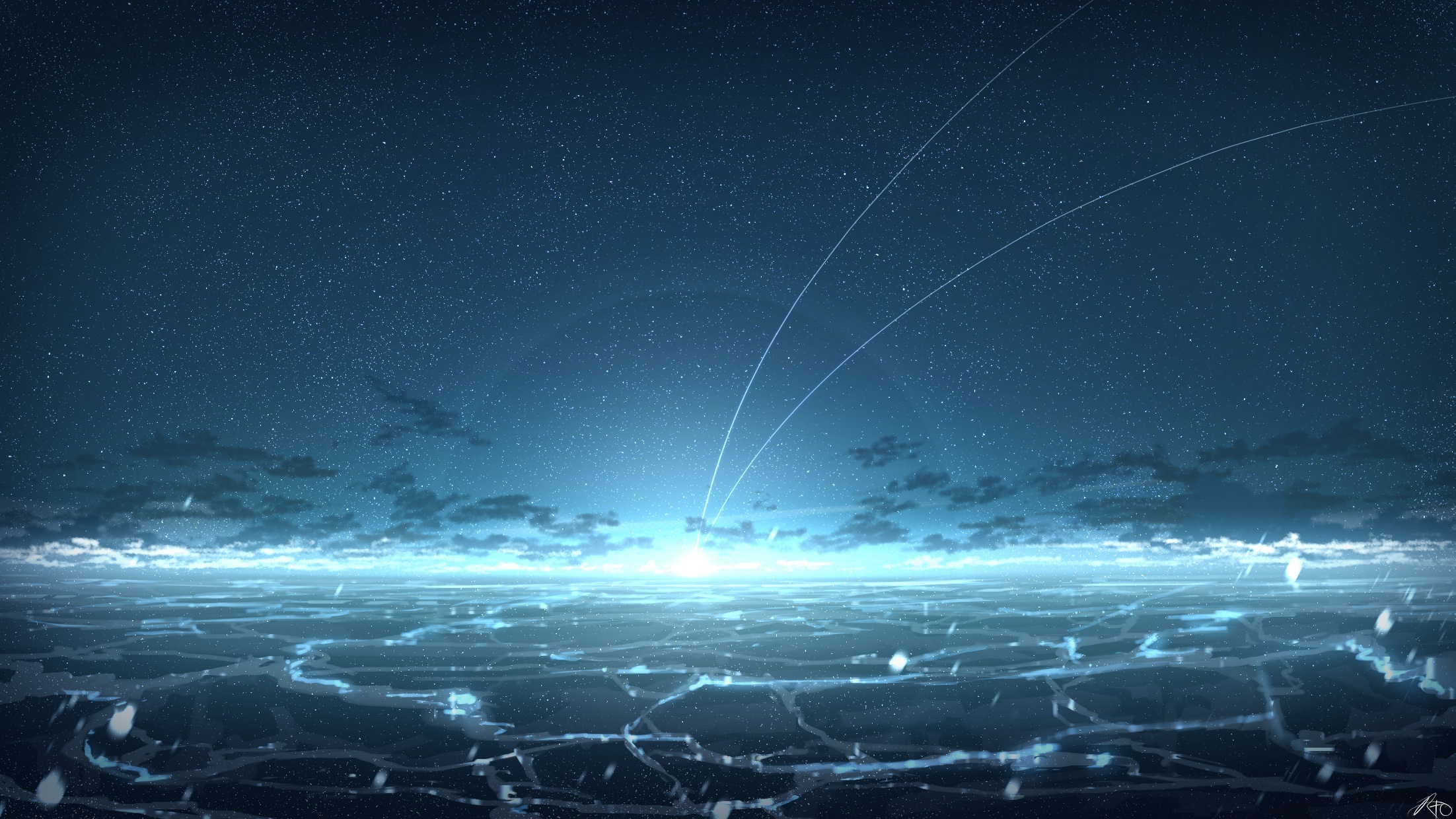 Night sky over a frozen landscape with light trails HD Wallpaper