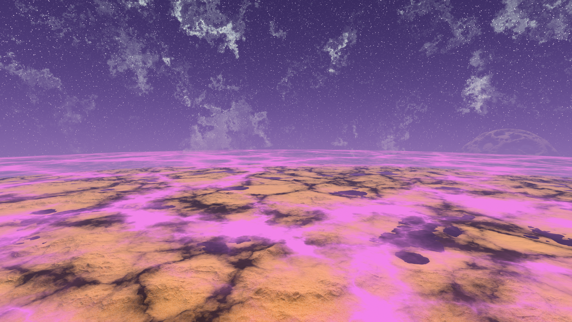 Alien planet landscape with purple sky and strange terrain HD Wallpaper