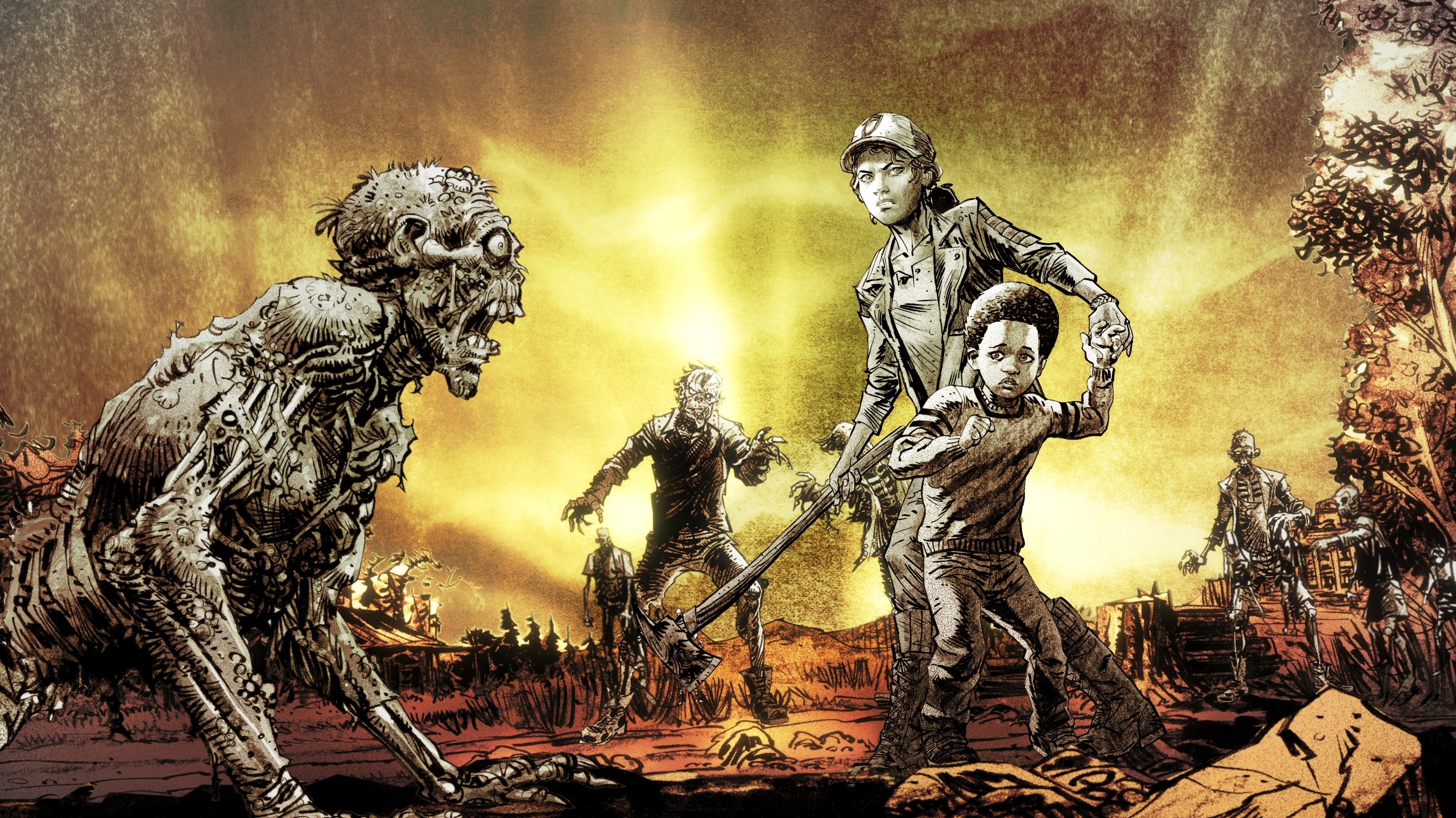 Clementine and AJ from The Walking Dead facing zombies HD Wallpaper
