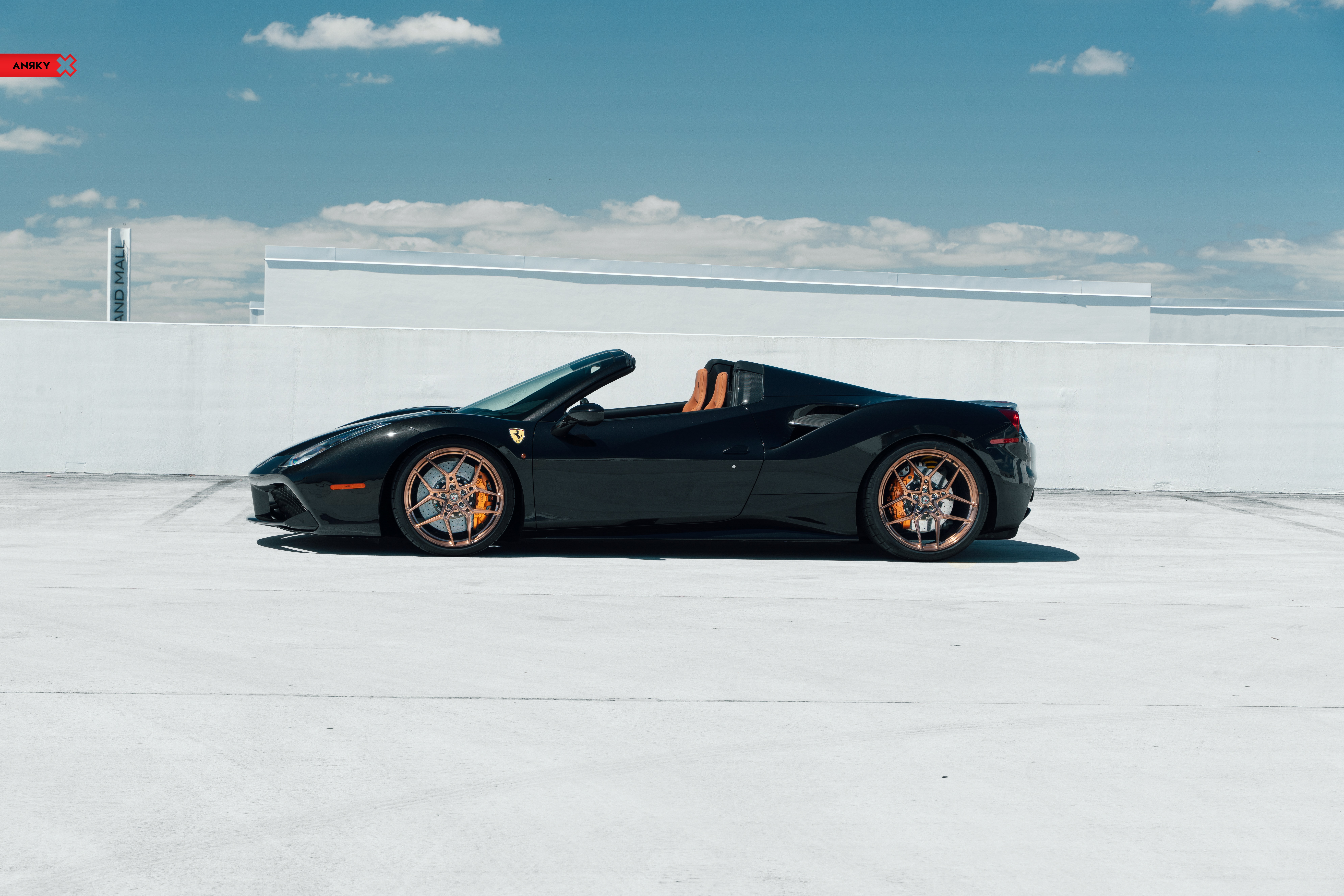 Black Ferrari 488 Spider with Copper Wheels HD Wallpaper