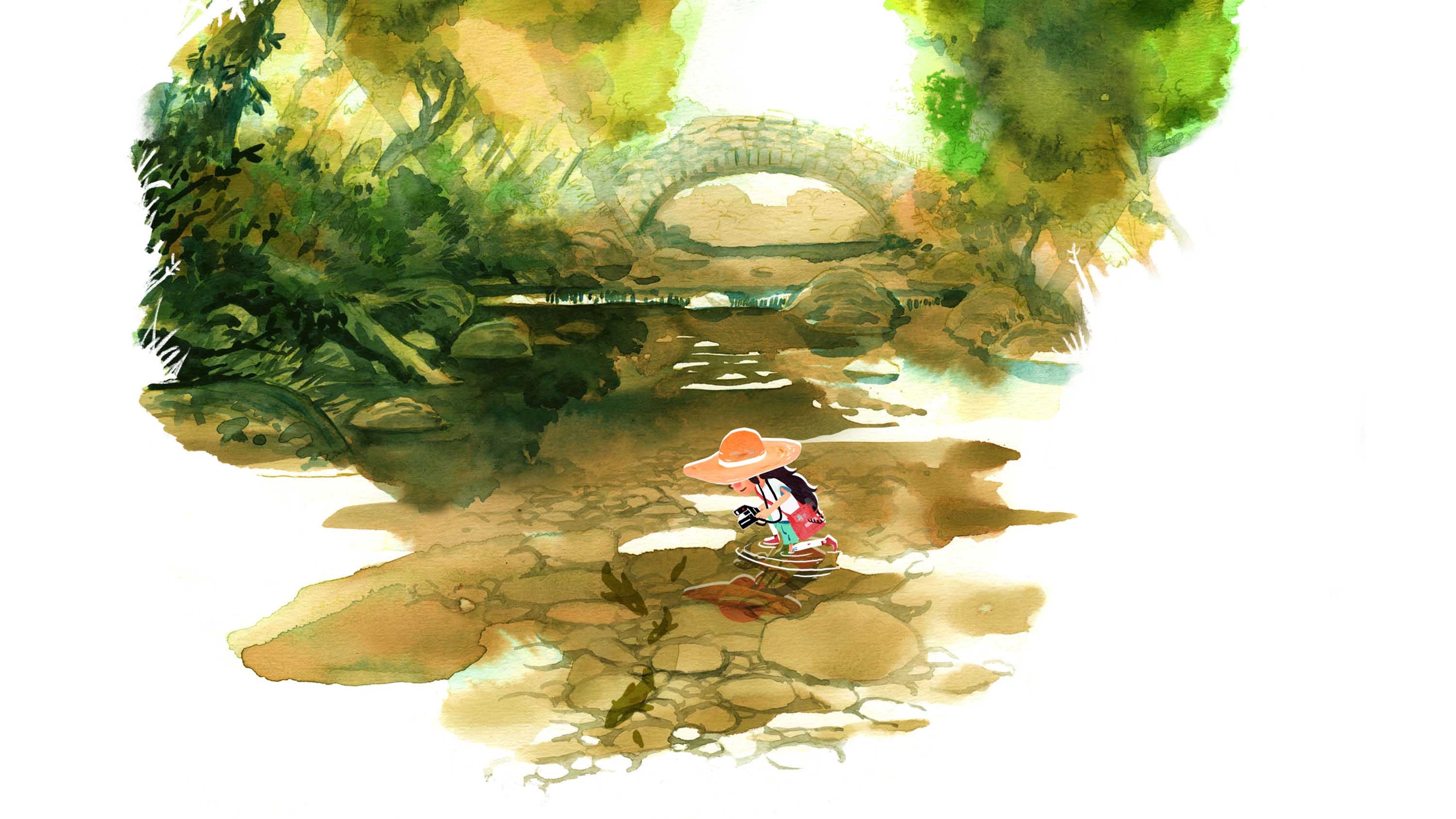 Girl with hat by a stream under a stone bridge HD Wallpaper