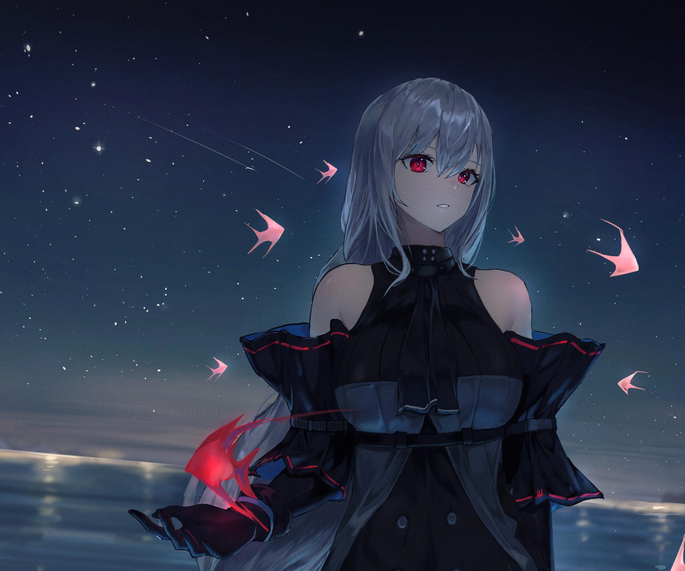 Skadi from Arknights by the sea at night HD Wallpaper