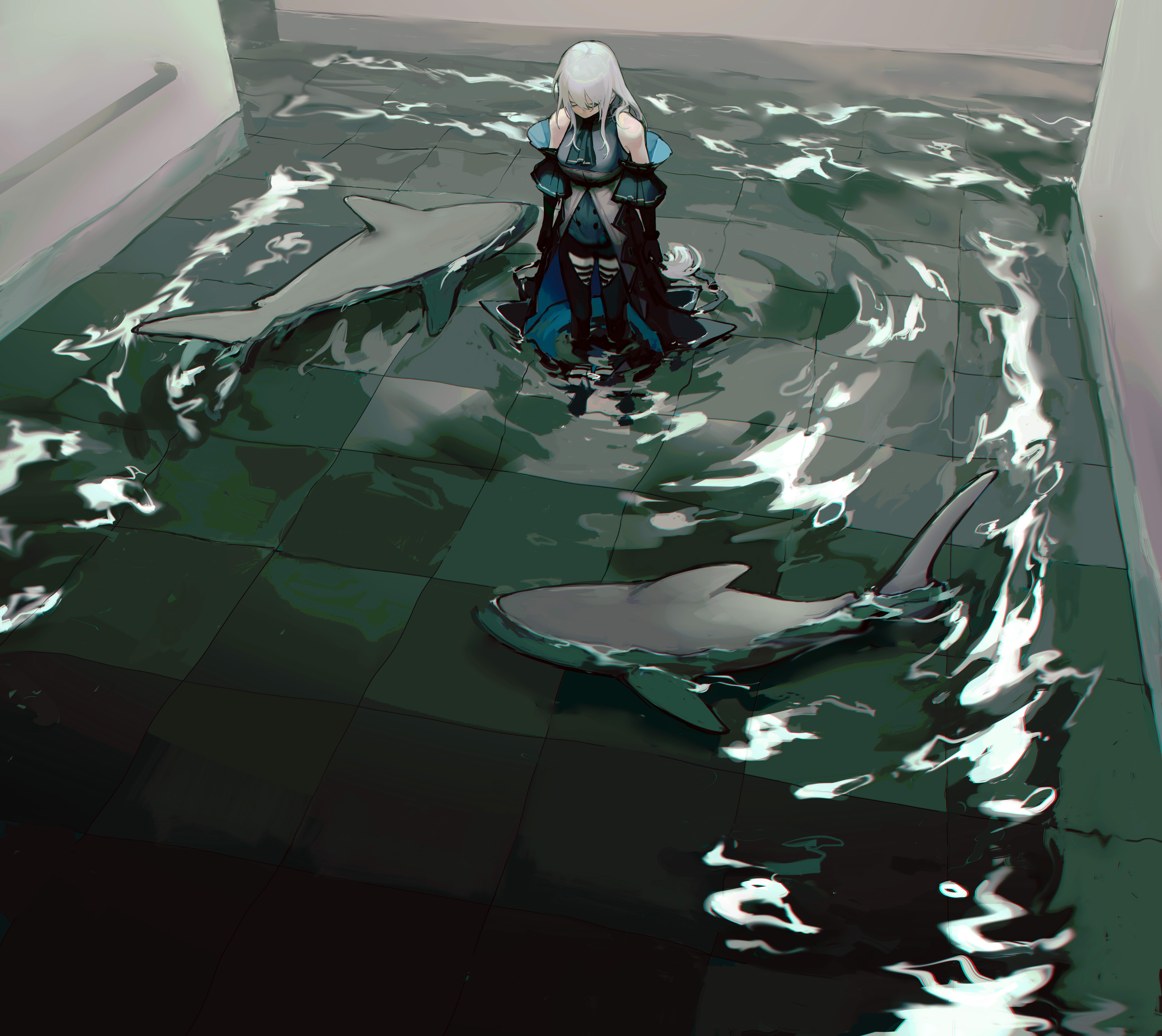Skadi from Arknights in flooded room with sharks 4K HD Wallpaper