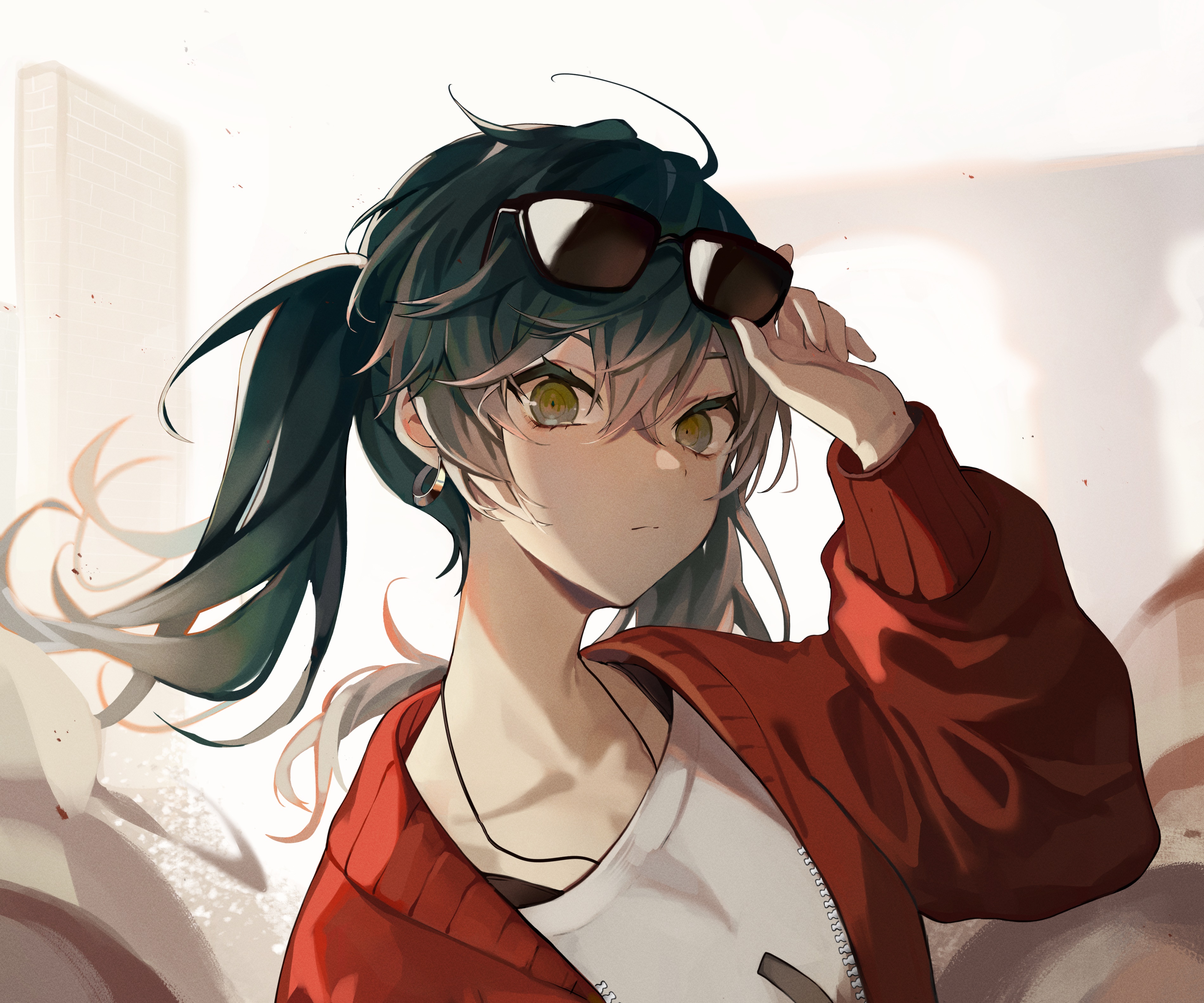Anime girl with sunglasses and red jacket HD Wallpaper