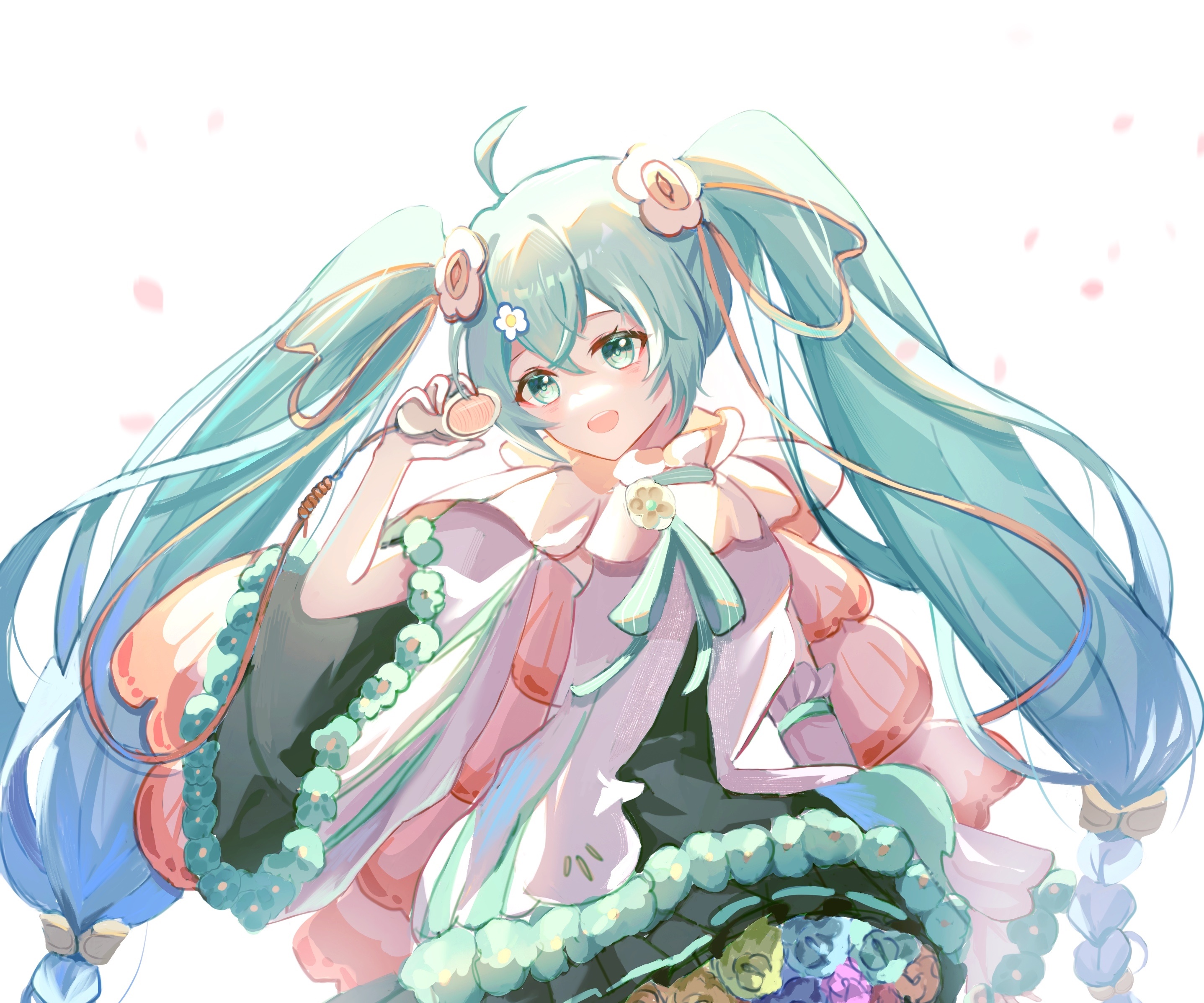 Hatsune Miku with flowers and ribbons HD Wallpaper