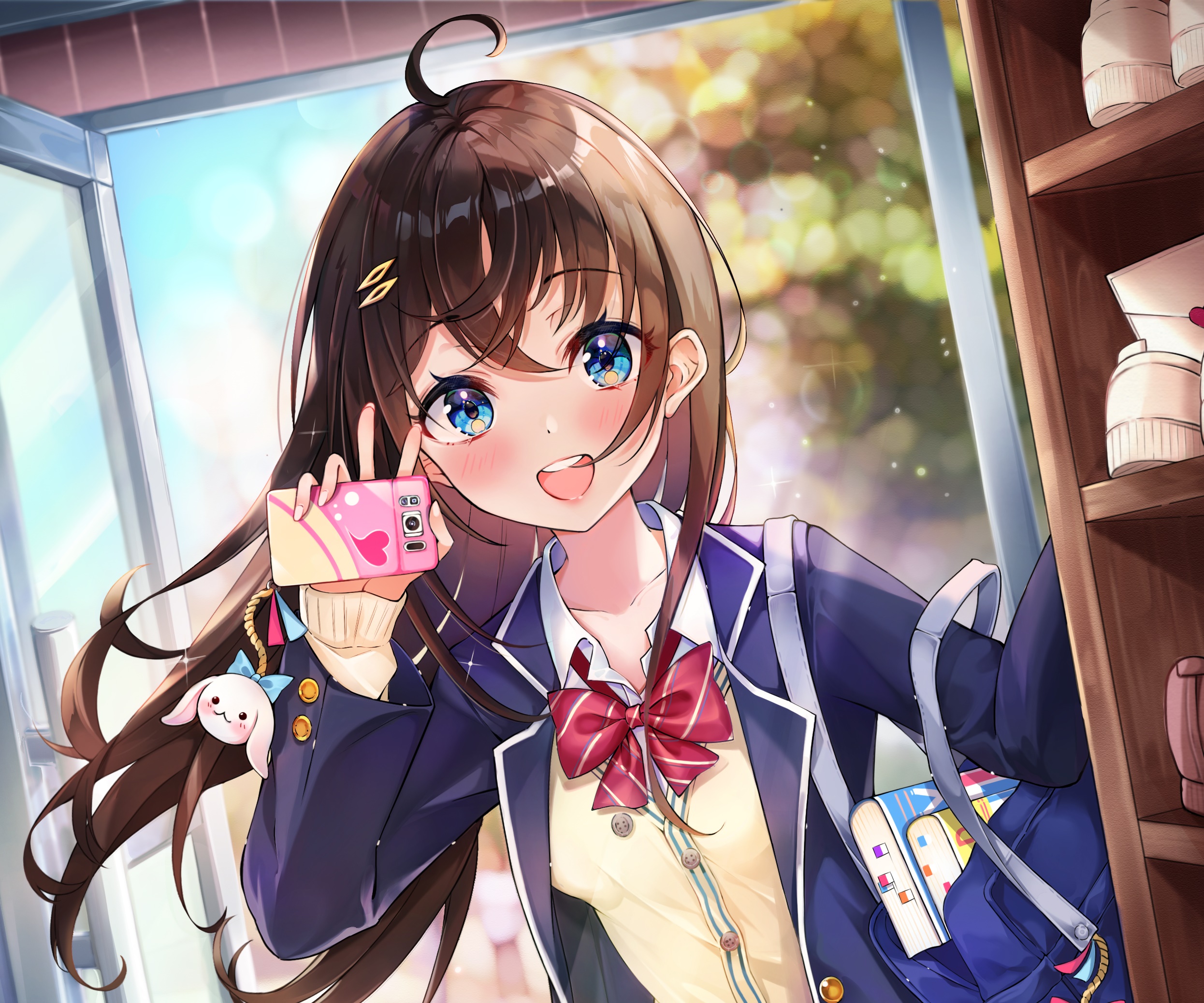 Anime girl in school uniform taking a selfie HD Wallpaper