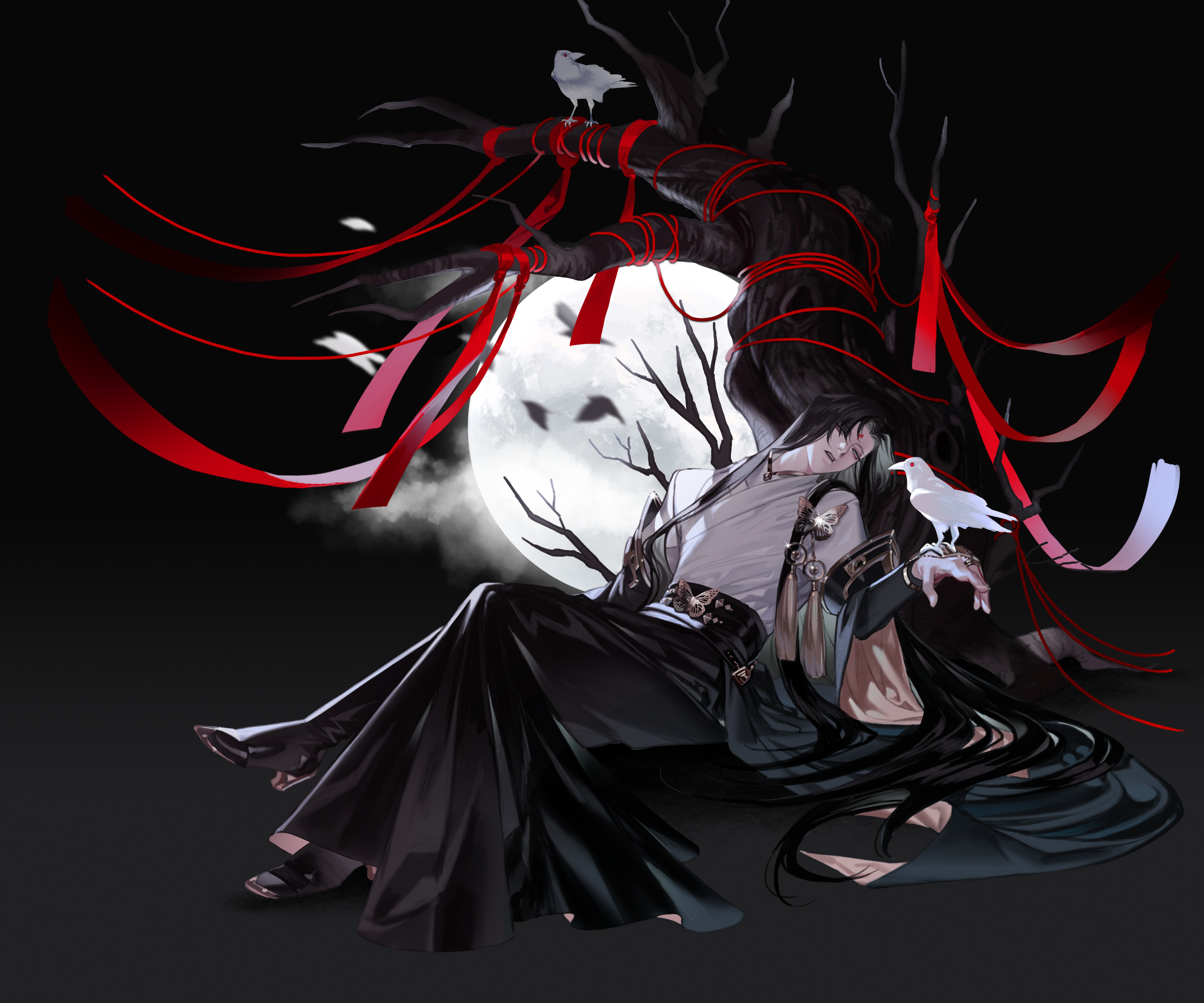 Man with white birds and red ribbons under a full moon HD Wallpaper