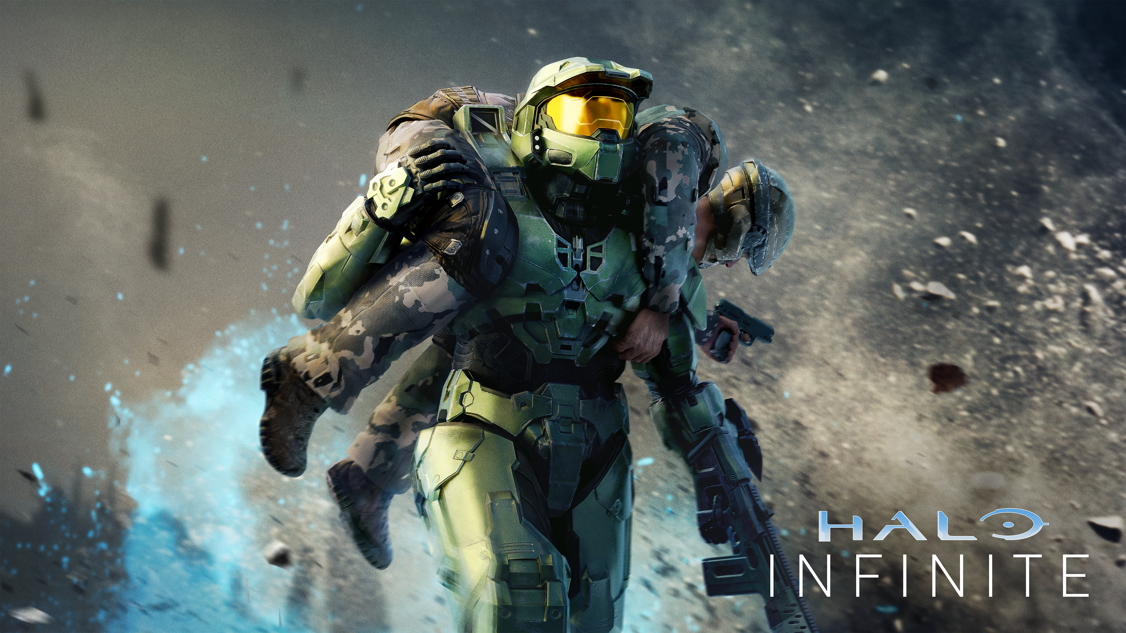 Master Chief carrying a soldier in Halo Infinite 4K HD Wallpaper