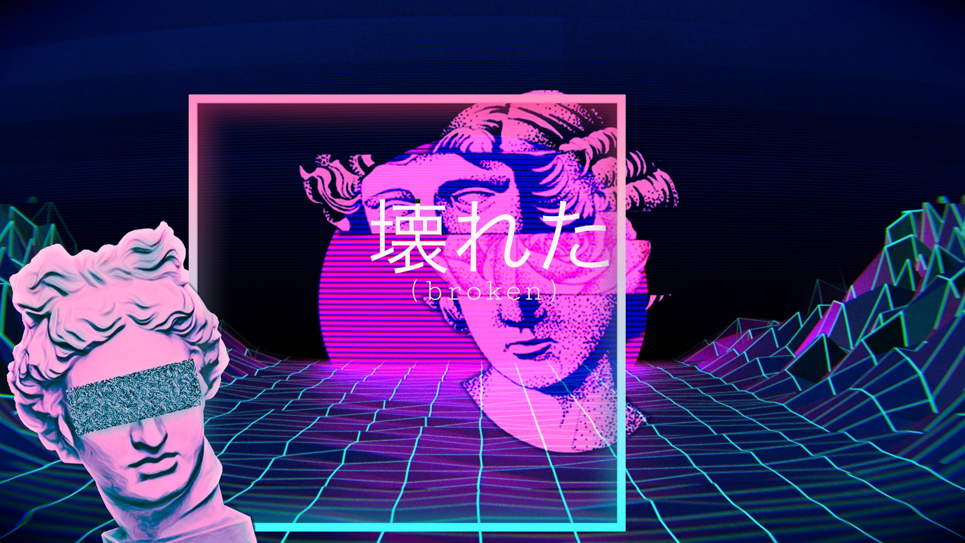 Vaporwave aesthetic with broken statues and grid landscape HD Wallpaper
