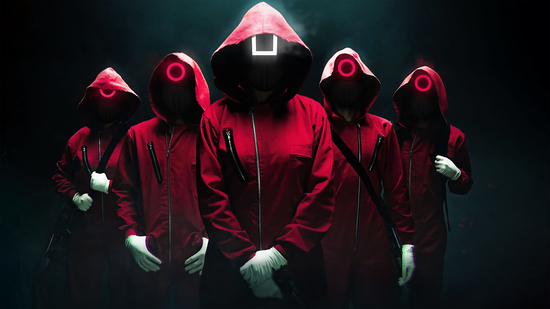 Squid Game guards in red jumpsuits and masks HD Wallpaper