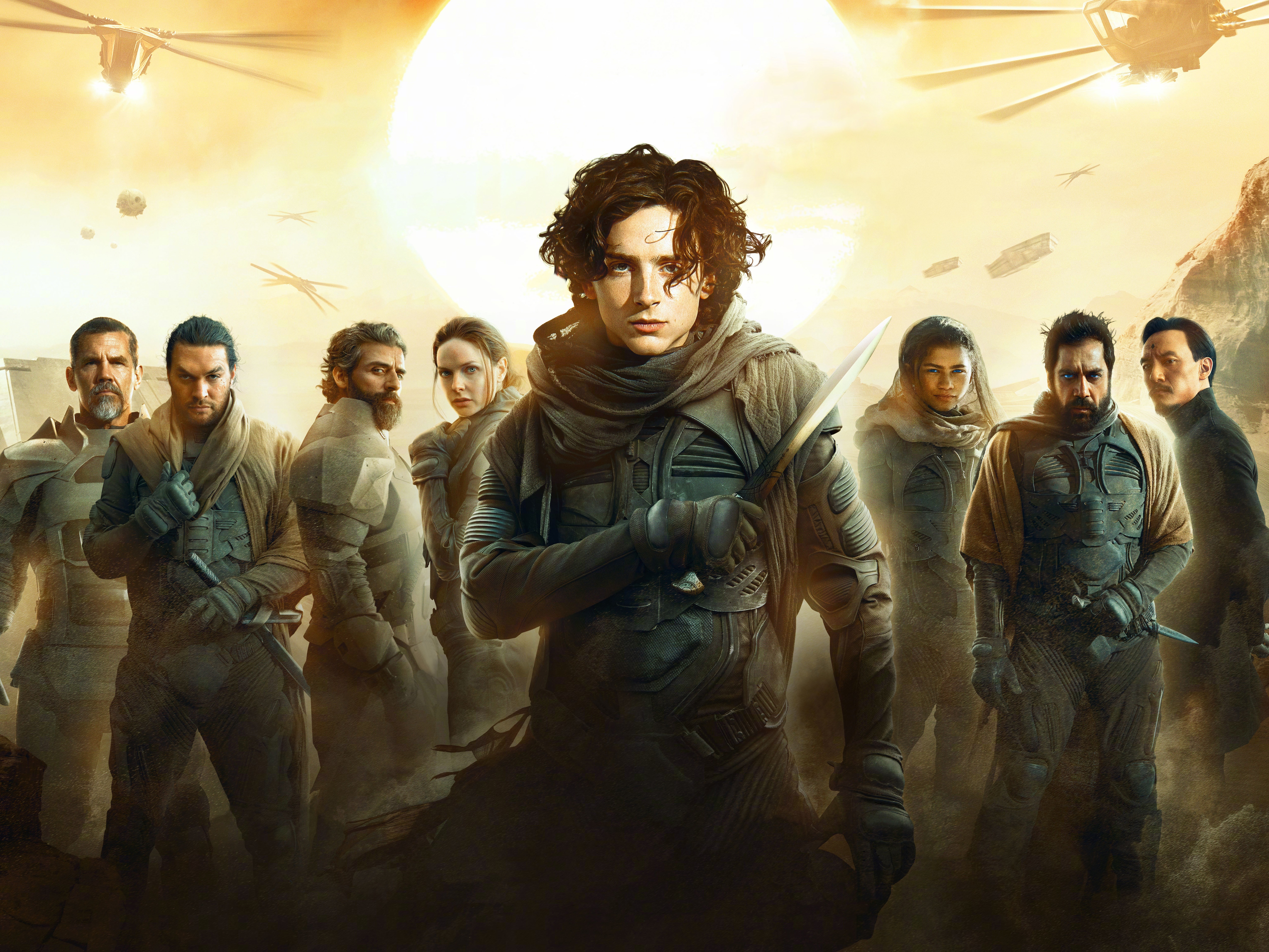 Dune (2021) 4K: Timothée Chalamet, Zendaya, Jason Momoa, Rebecca Ferguson, Oscar Isaac, Josh Brolin, Javier Bardem HD Wallpaper
