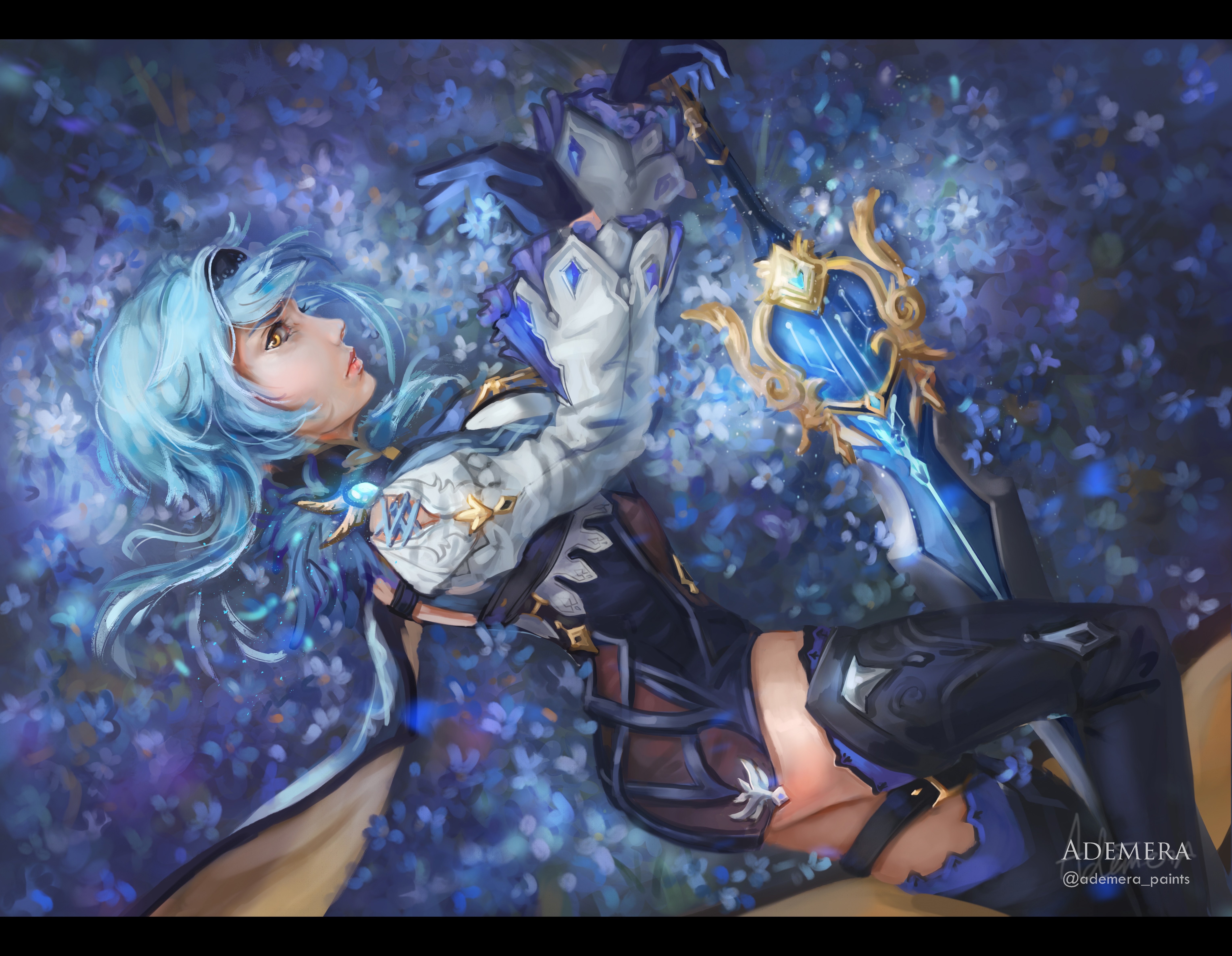 Eula from Genshin Impact lying in flowers HD Wallpaper