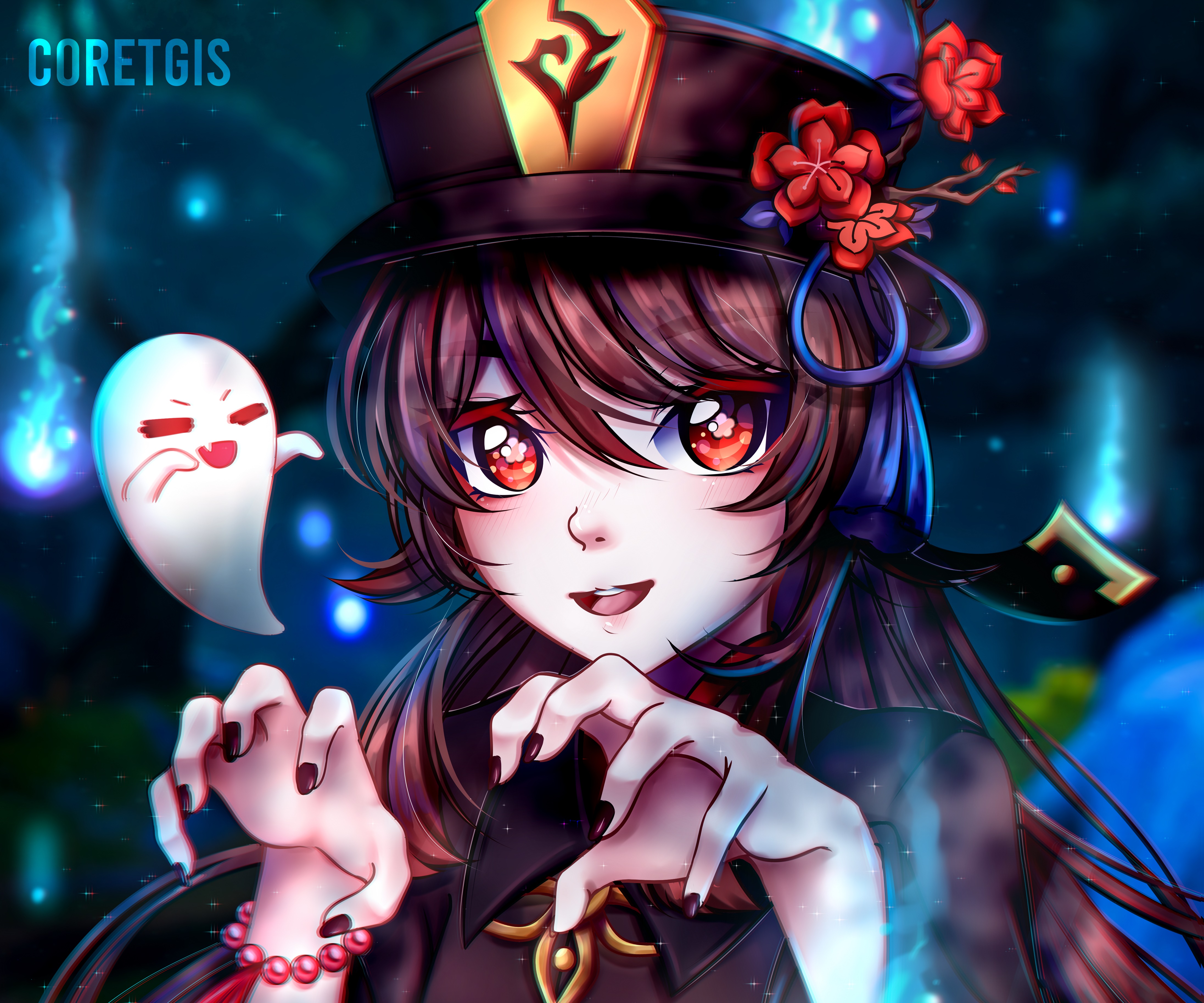 Hu Tao from Genshin Impact with a ghost HD Wallpaper