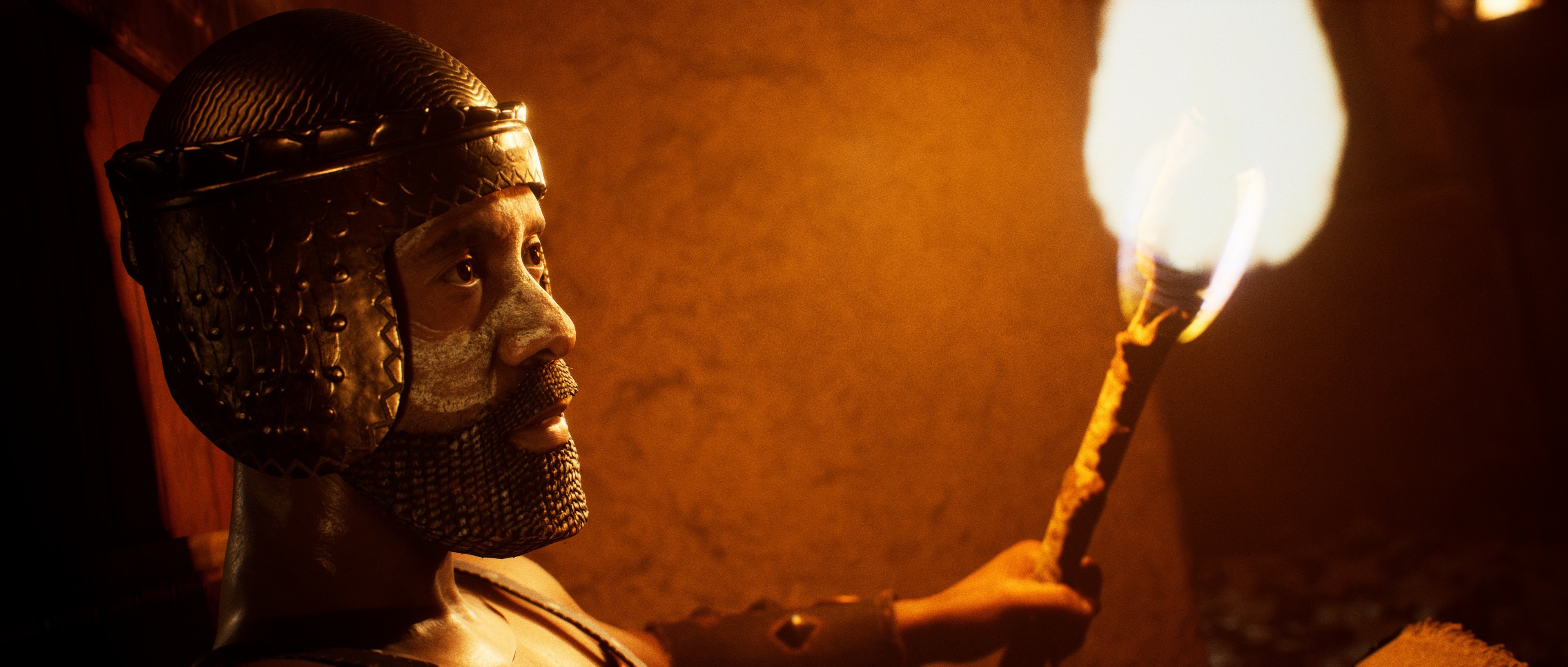 Man in helmet holding a torch in House of Ashes HD Wallpaper