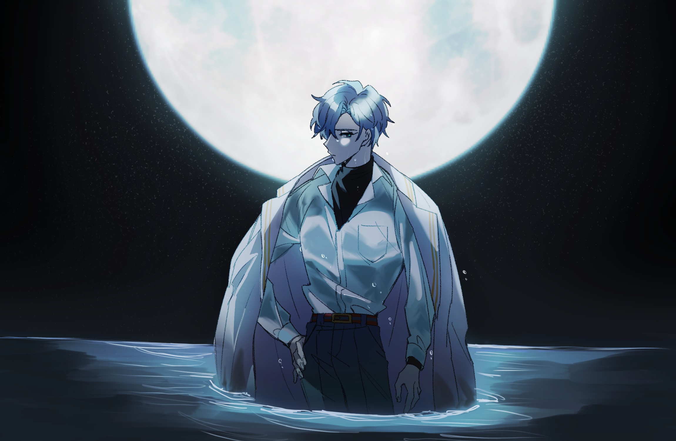 Figaro from Promise of Wizard standing in water under the moon HD Wallpaper