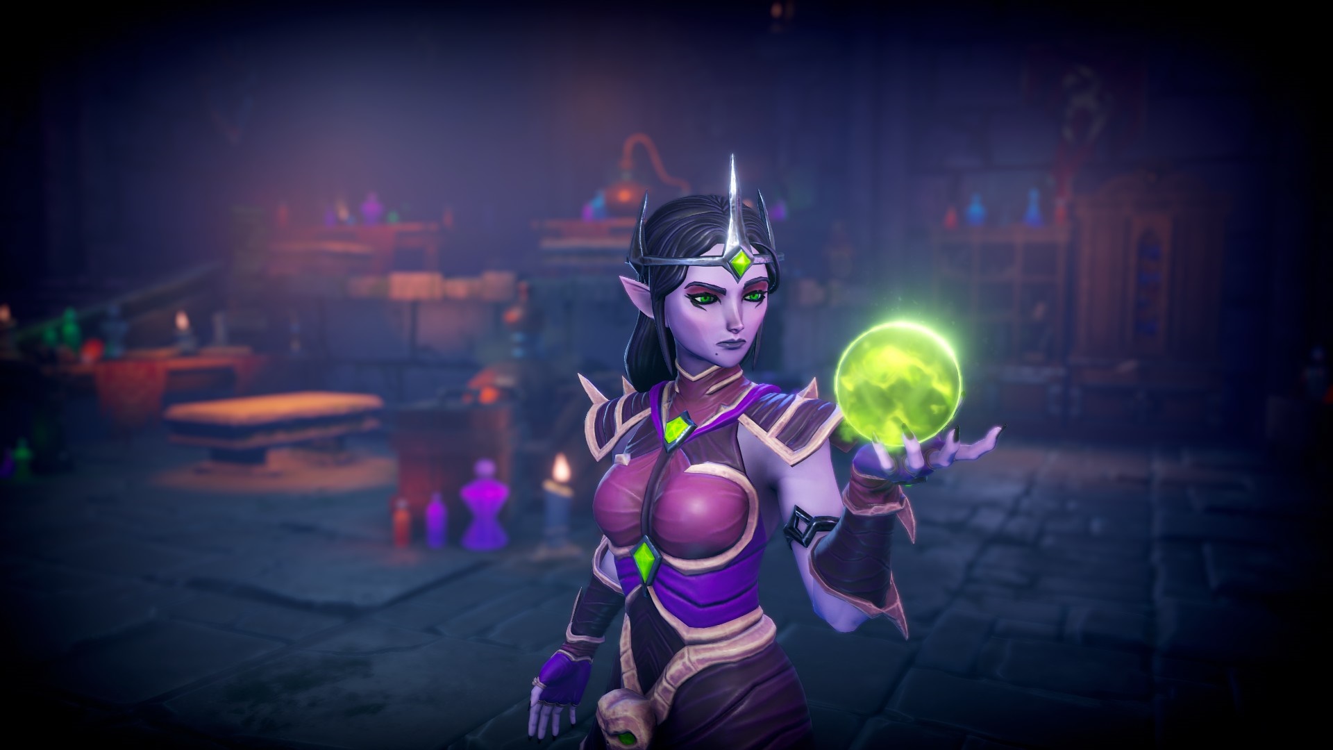 Elf sorceress holding a glowing orb in a laboratory HD Wallpaper