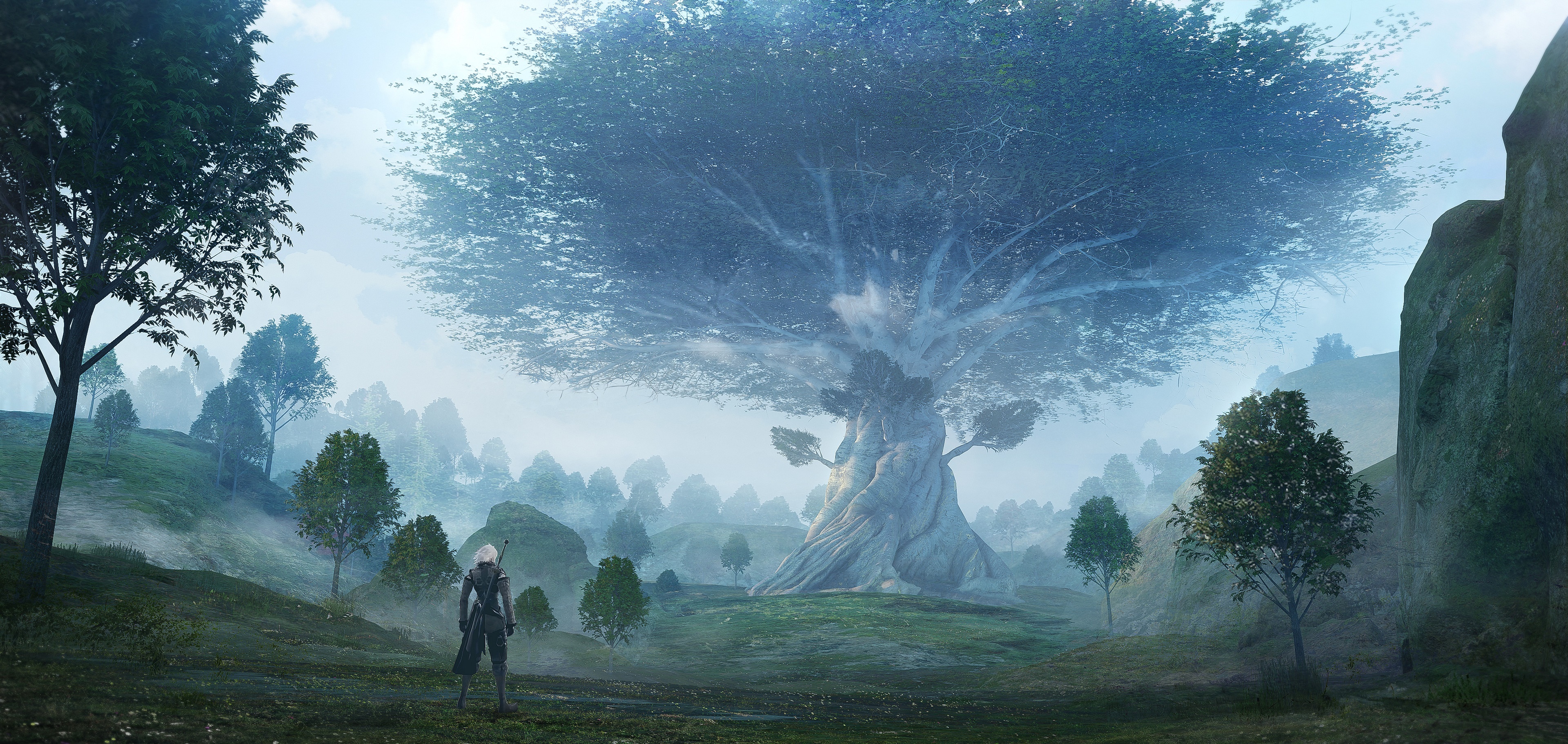 A character from NieR Replicant HD stands before a giant tree HD Wallpaper