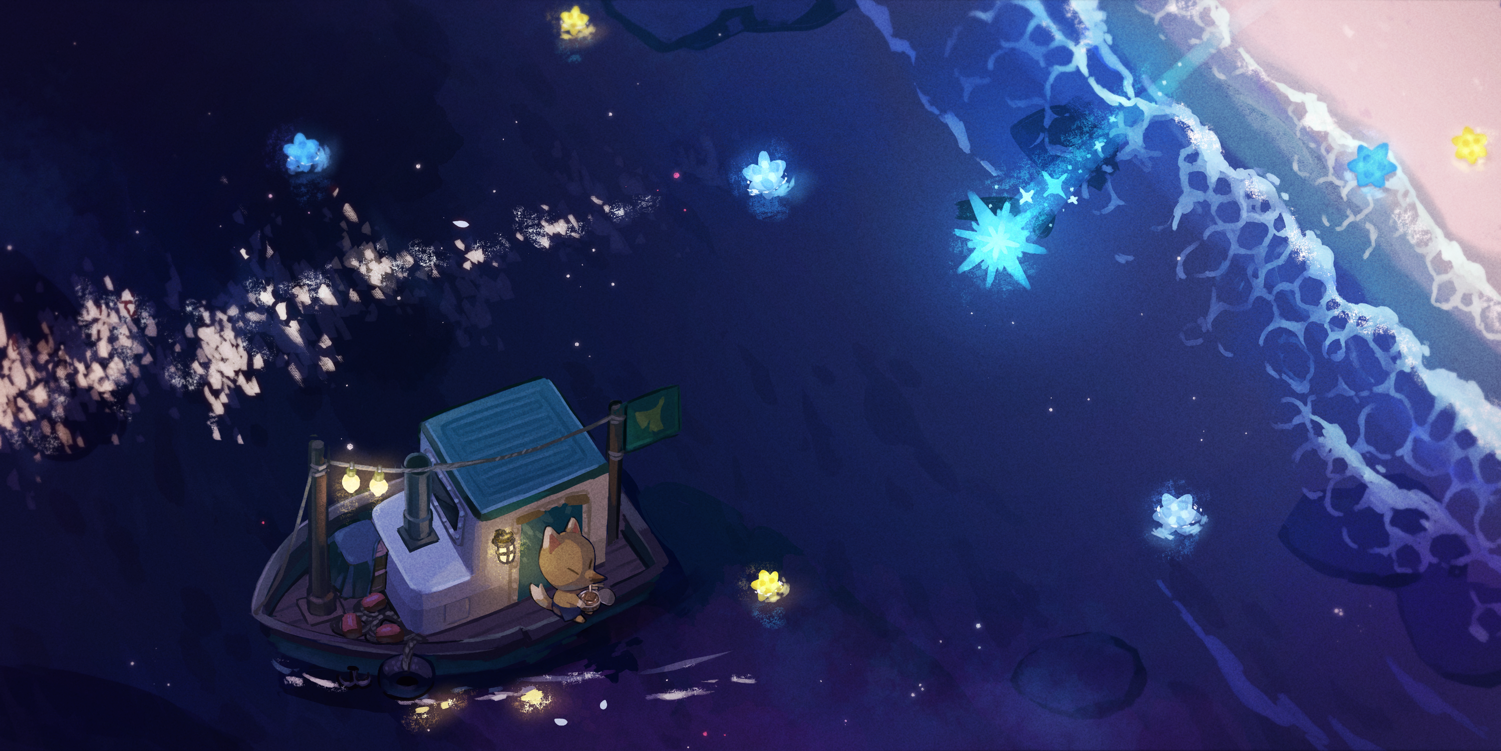 Redd from Animal Crossing on a boat with glowing stars HD Wallpaper
