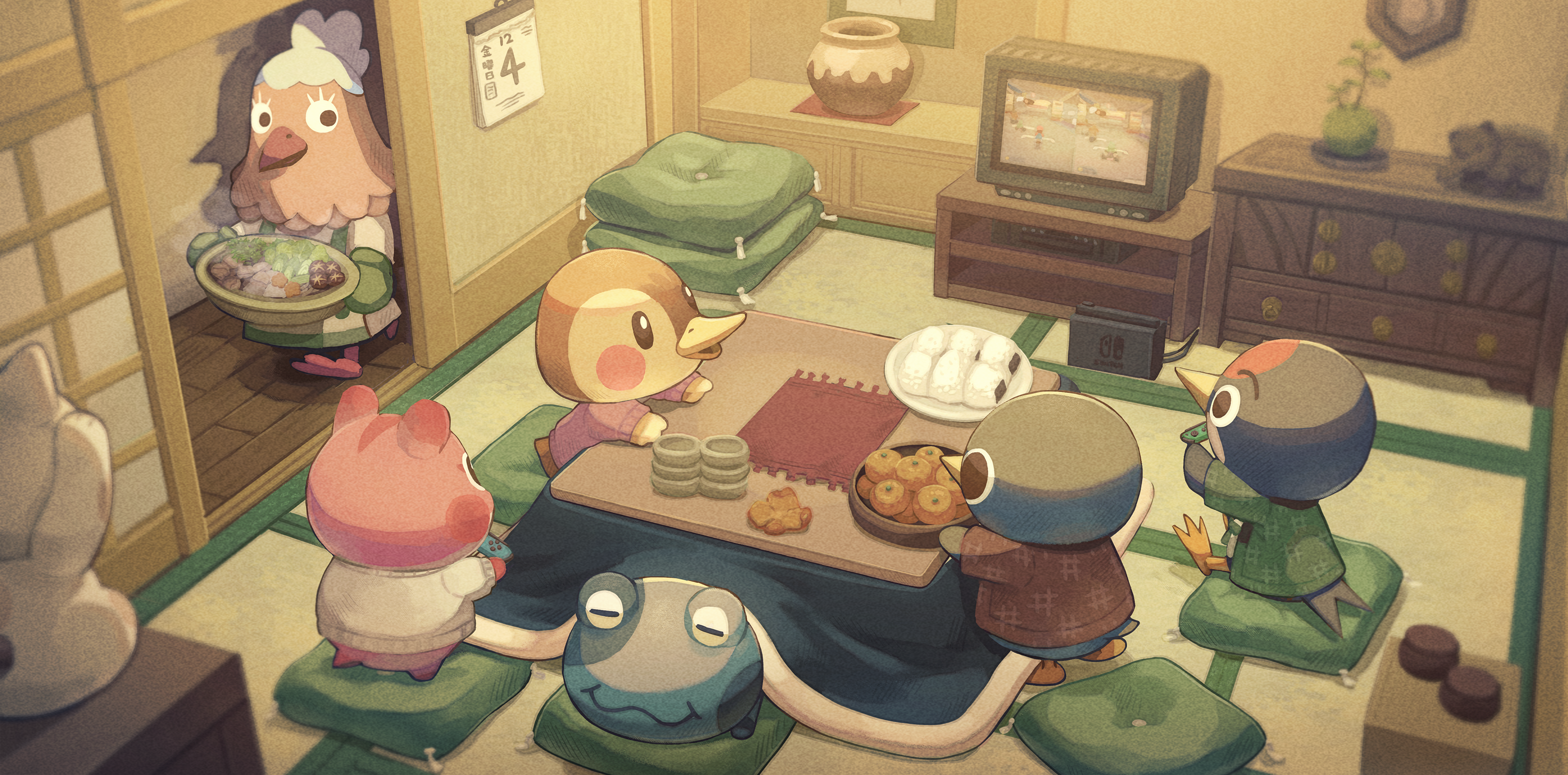 Animal Crossing characters gathered in a room HD Wallpaper