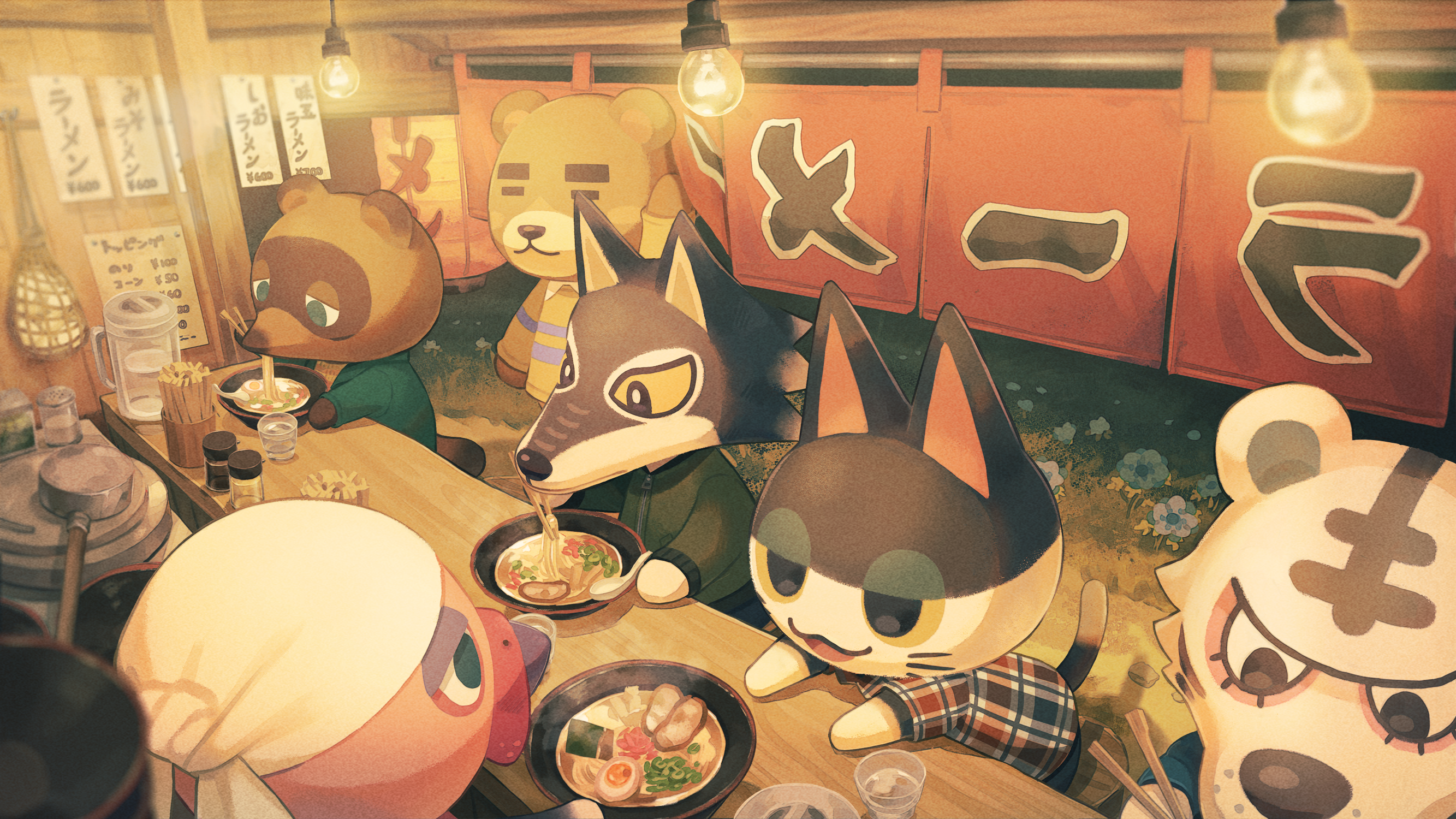 Animal Crossing Characters Enjoying Ramen at Night HD Wallpaper
