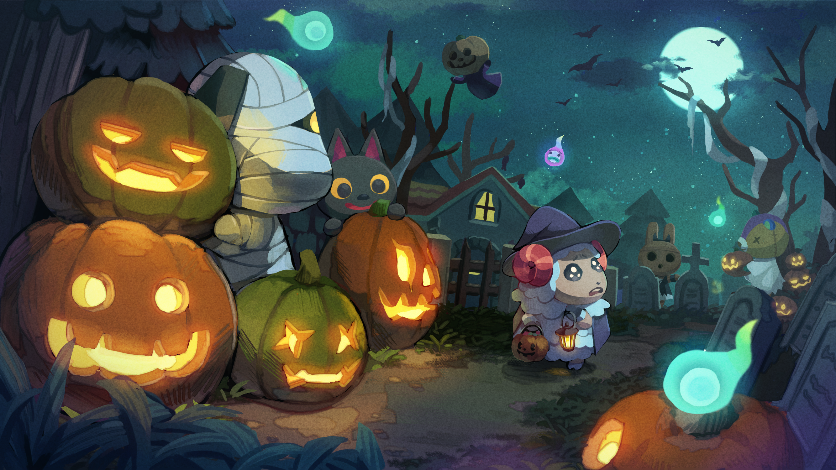 Animal Crossing Halloween characters with pumpkins in a graveyard HD Wallpaper