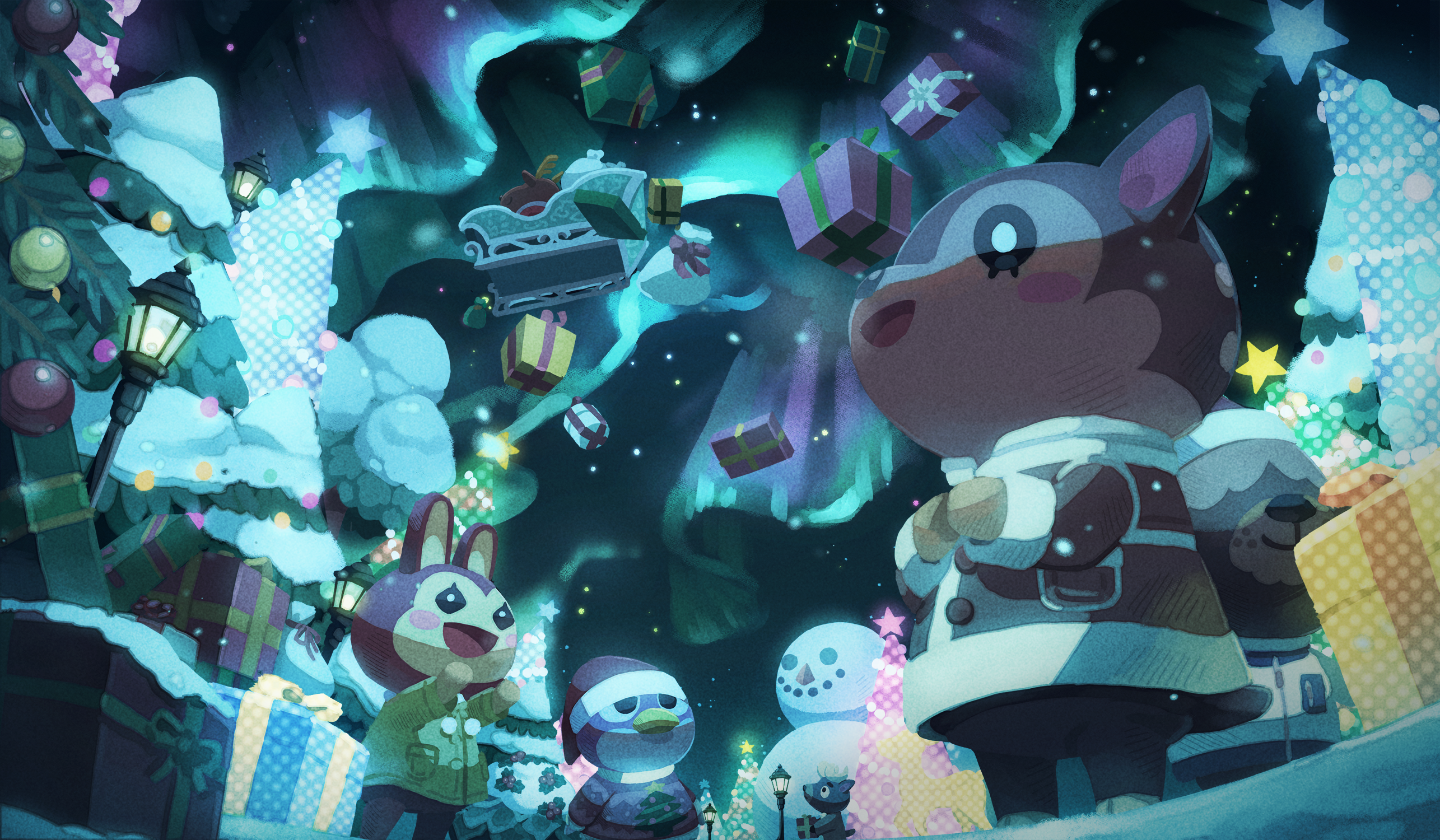 Animal Crossing characters celebrating Christmas under the aurora HD Wallpaper