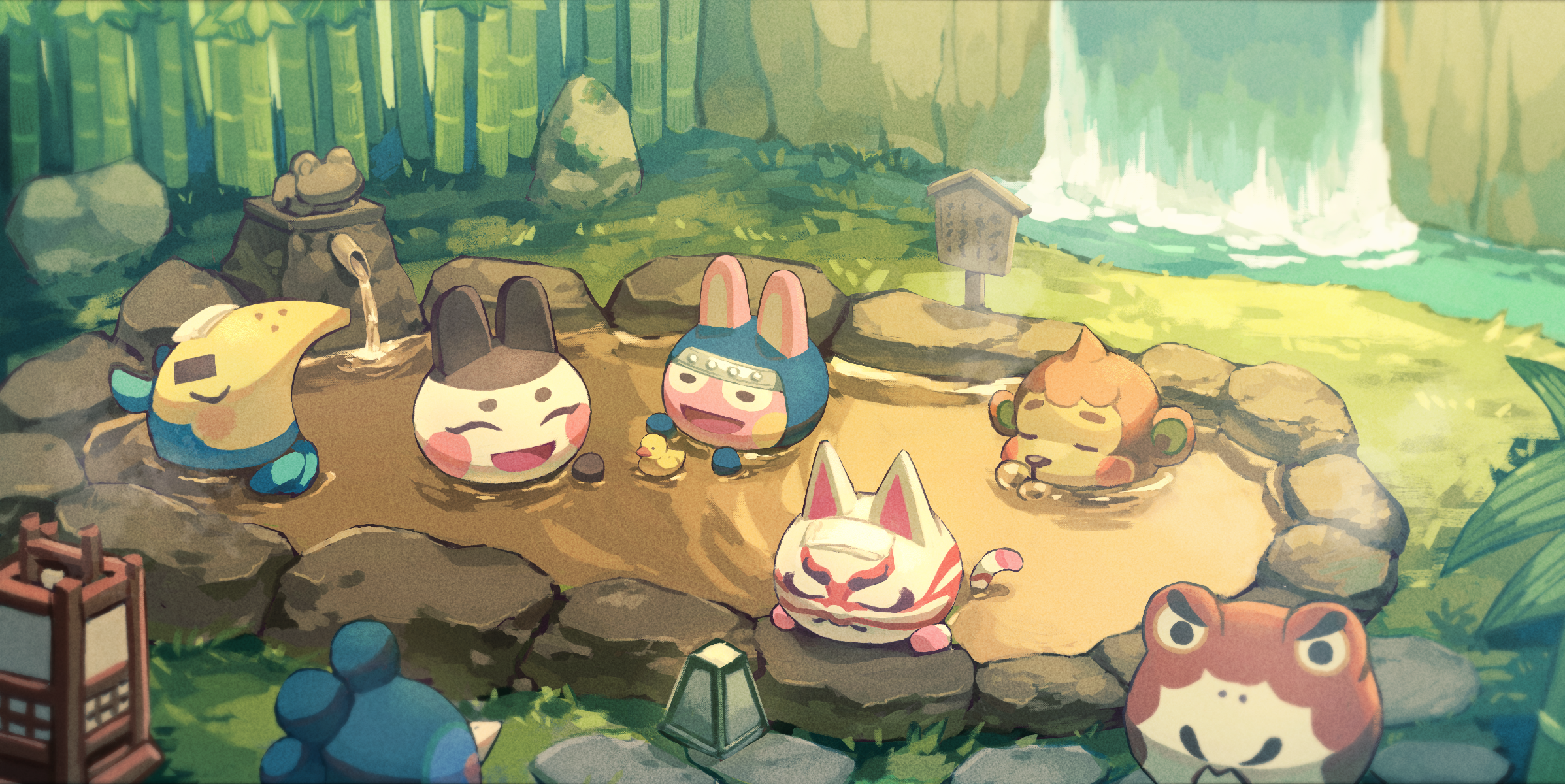 Animal Crossing characters in a hot spring HD Wallpaper