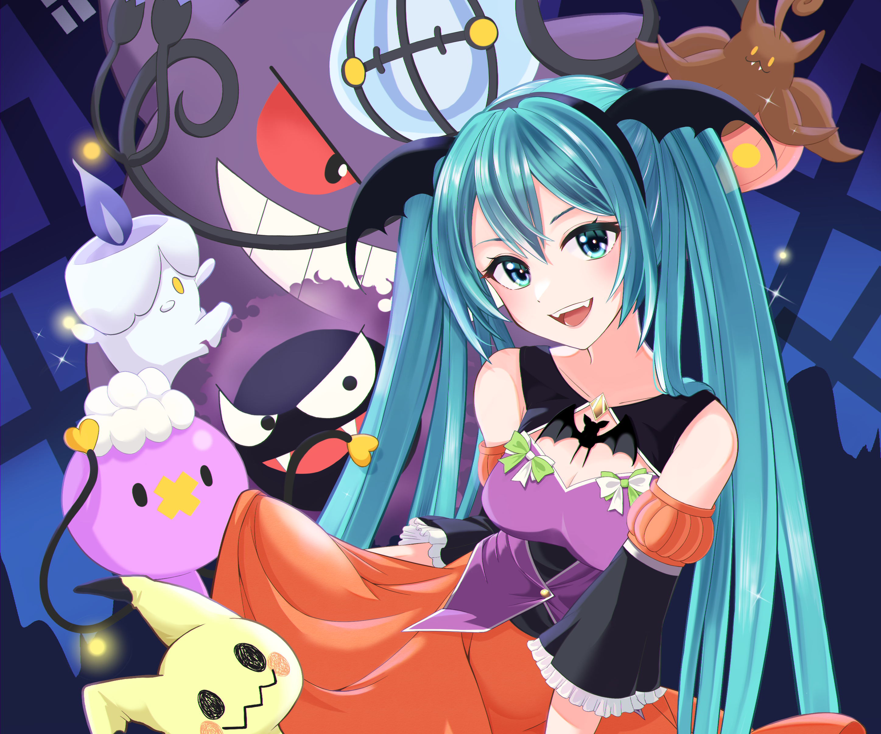 Hatsune Miku and Pokémon Halloween Crossover HD Wallpaper