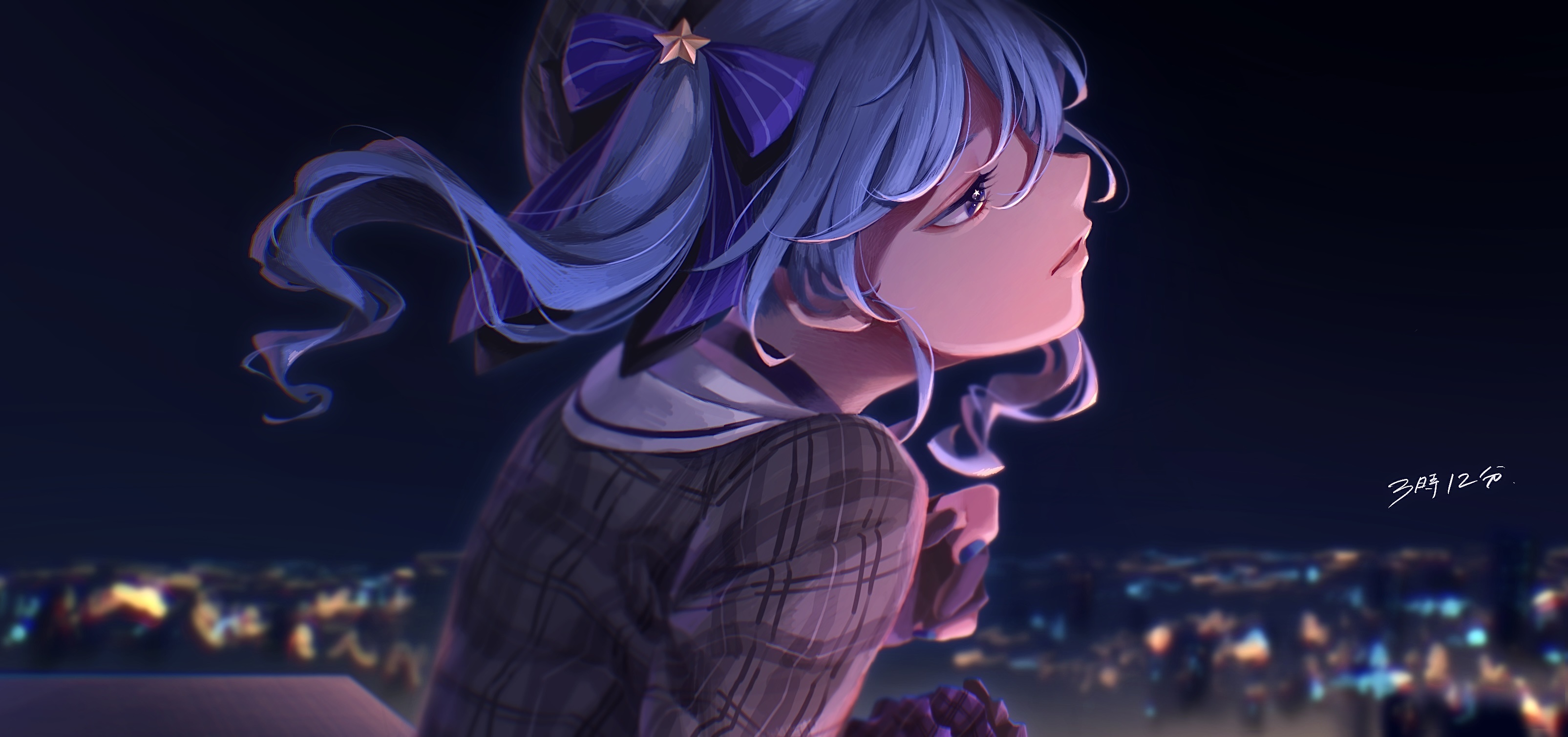 Hoshimachi Suisei from Hololive looking at the night city HD Wallpaper