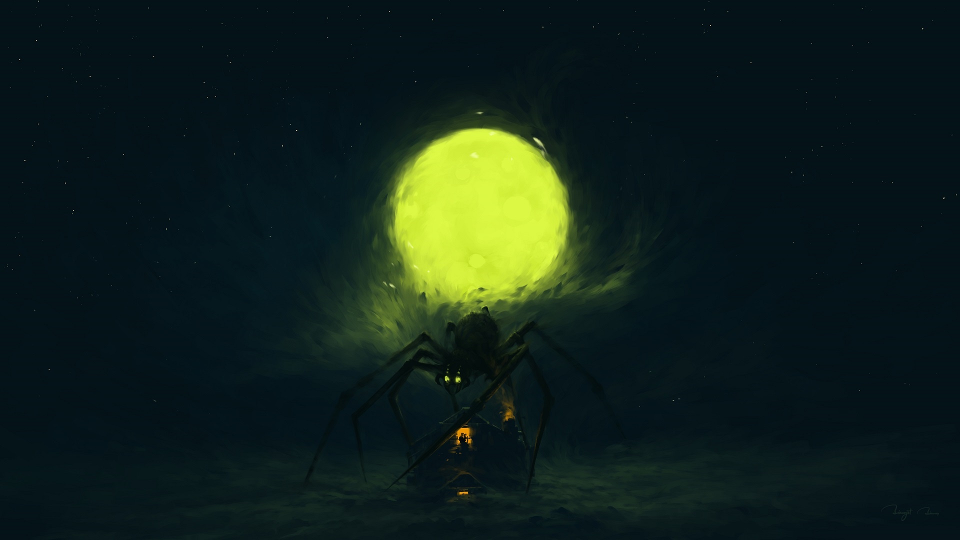 Giant spider under a neon moon HD Wallpaper