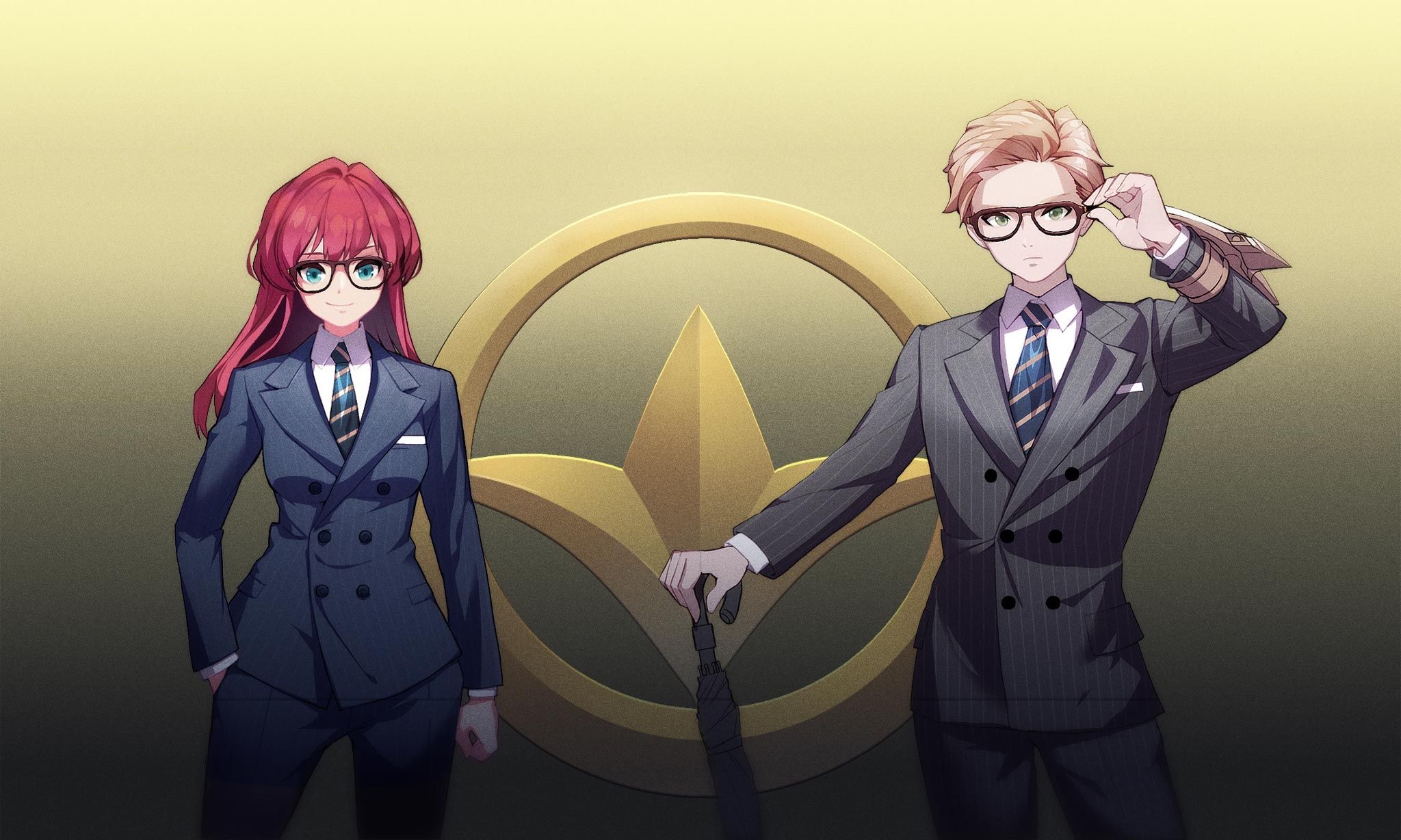 Two characters in suits in front of a golden emblem HD Wallpaper