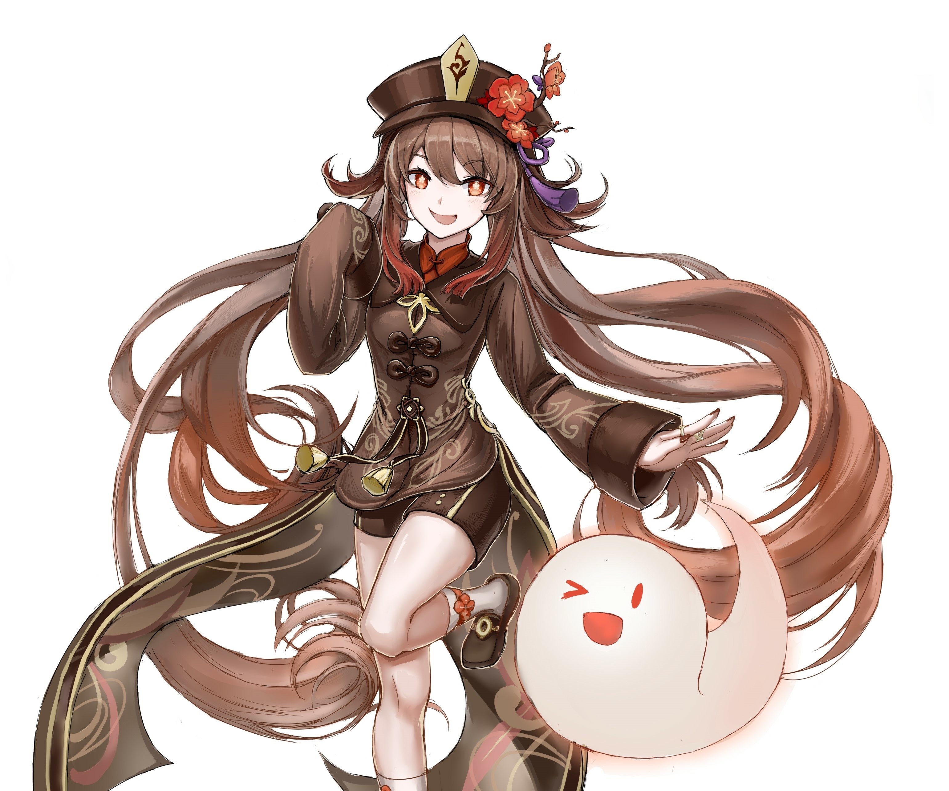 Hu Tao from Genshin Impact with a ghost companion HD Wallpaper