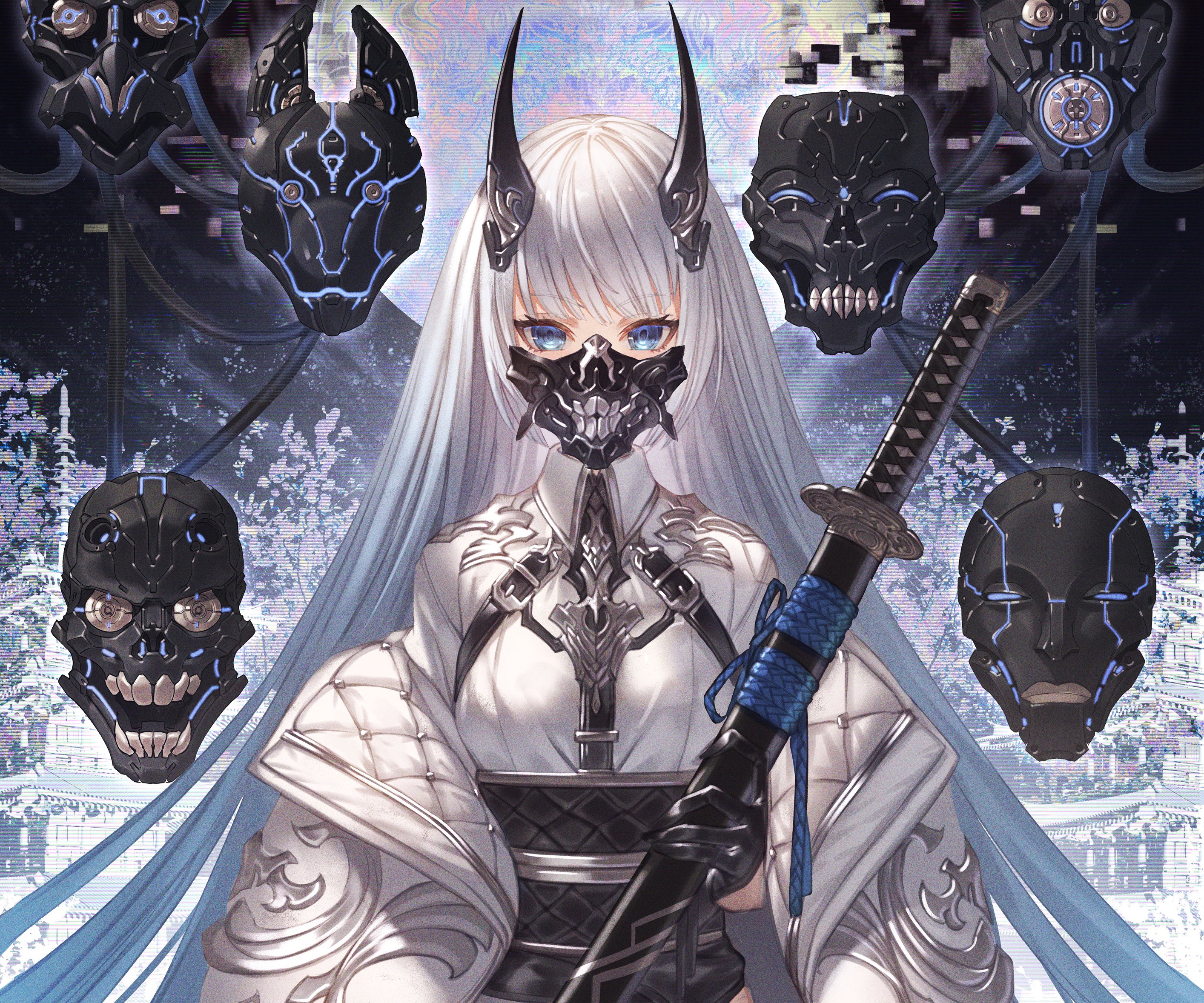 Girl with horns and mask holding a katana HD Wallpaper