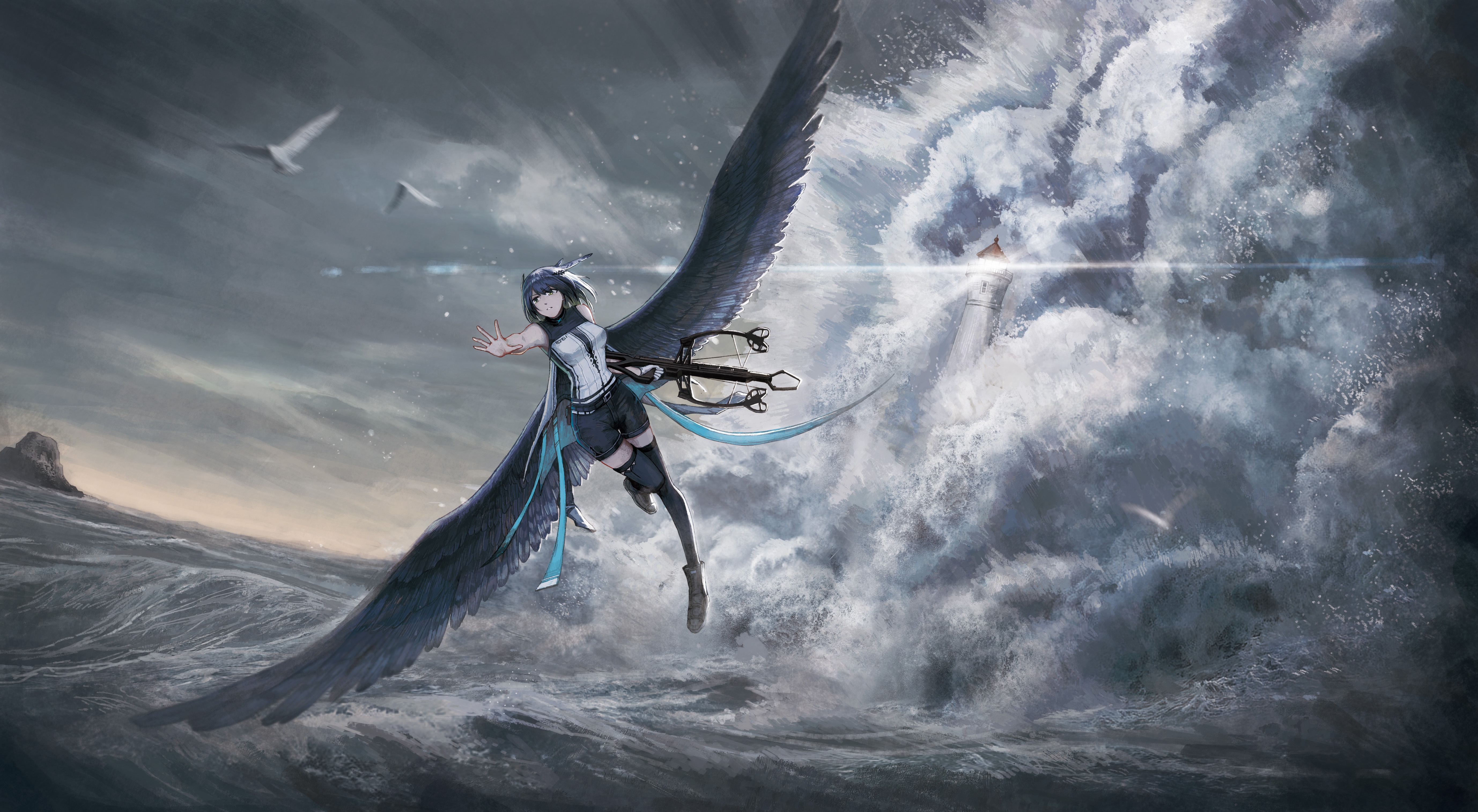 Greythroat from Arknights flying over a stormy sea HD Wallpaper