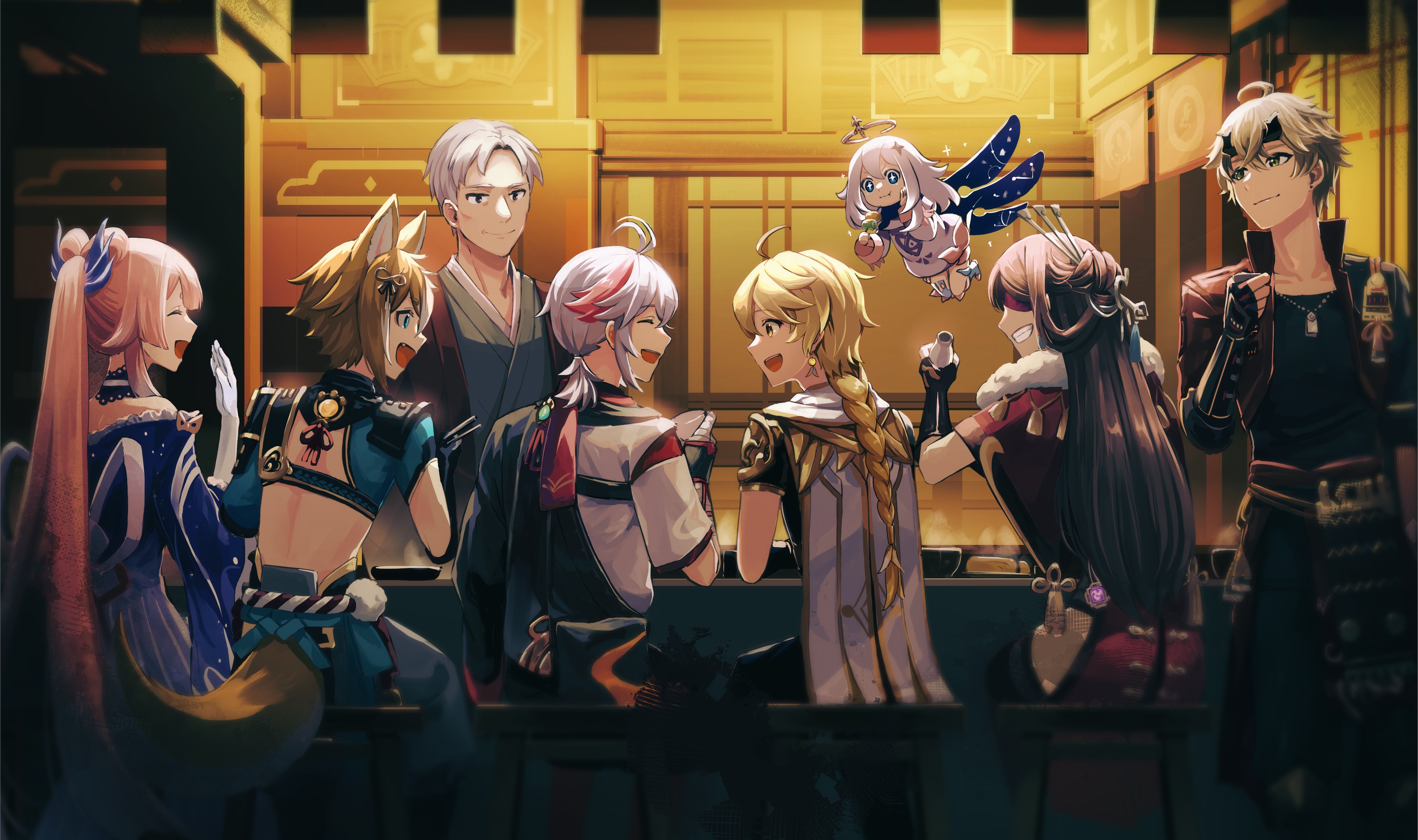 Genshin Impact characters gathered in a room HD Wallpaper