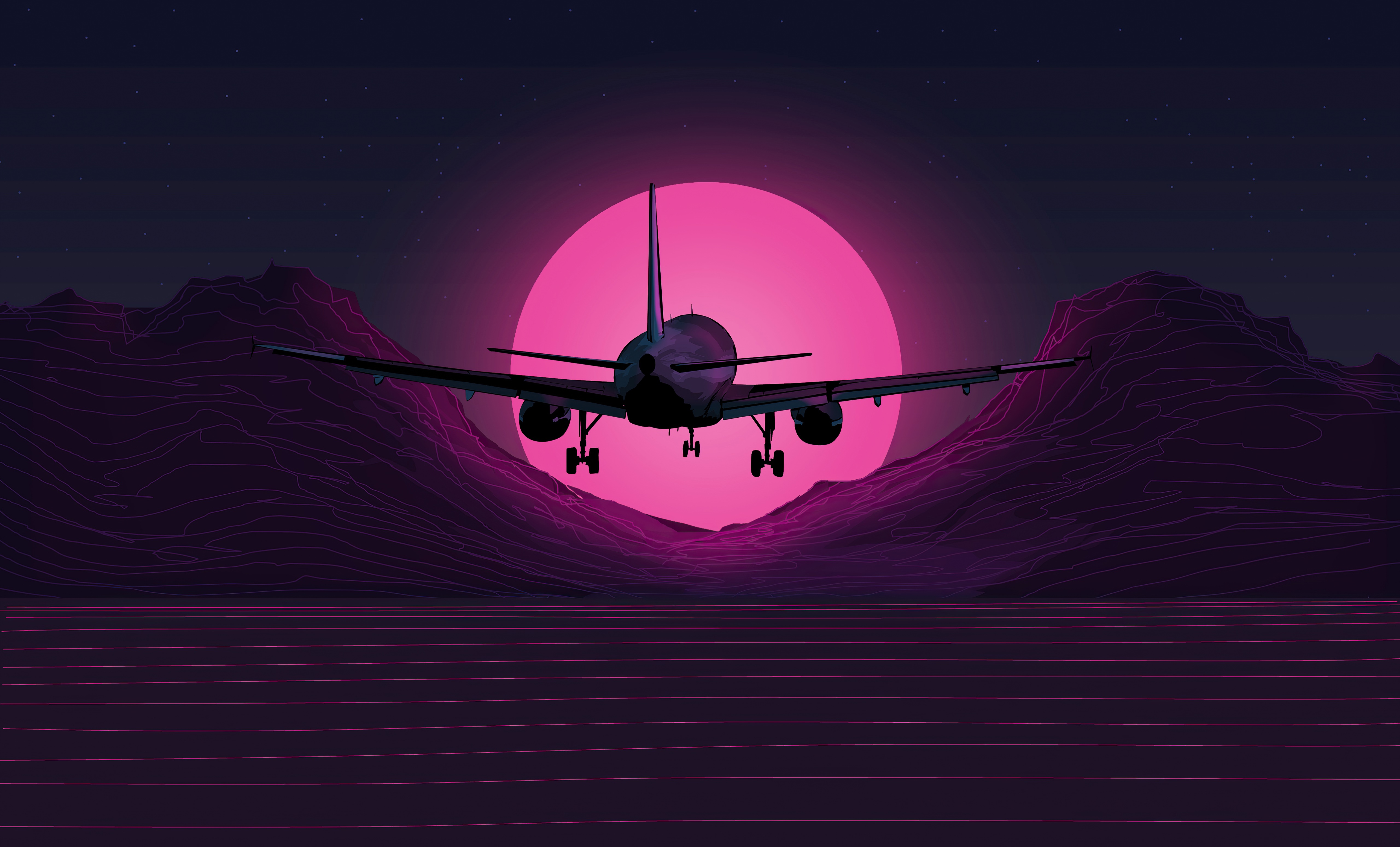 Airplane flying over retro mountains at sunset HD Wallpaper