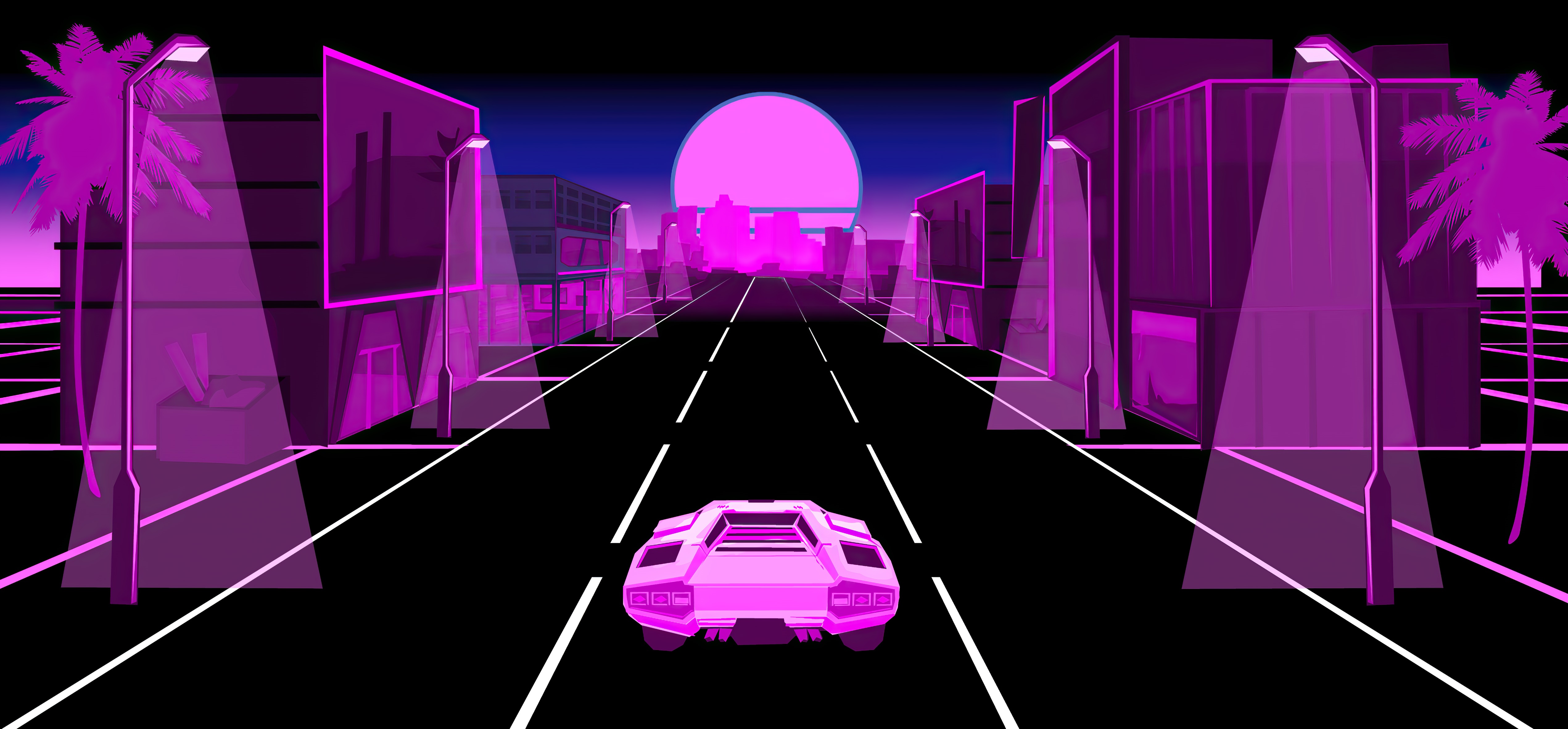 Synthwave Lamborghini driving through a neon city at sunset HD Wallpaper