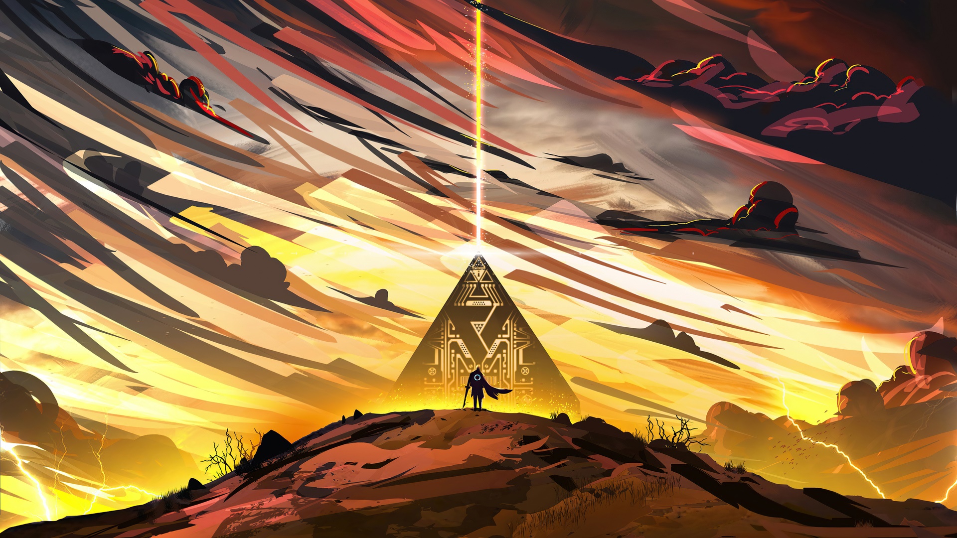 Figure in front of a pyramid with a light beam HD Wallpaper