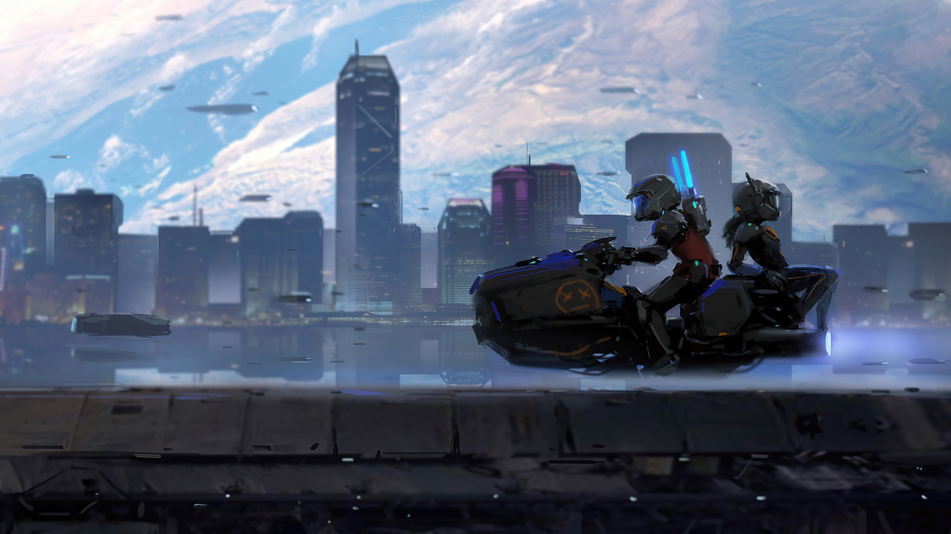 Futuristic city with flying vehicles and riders on a hoverbike HD Wallpaper