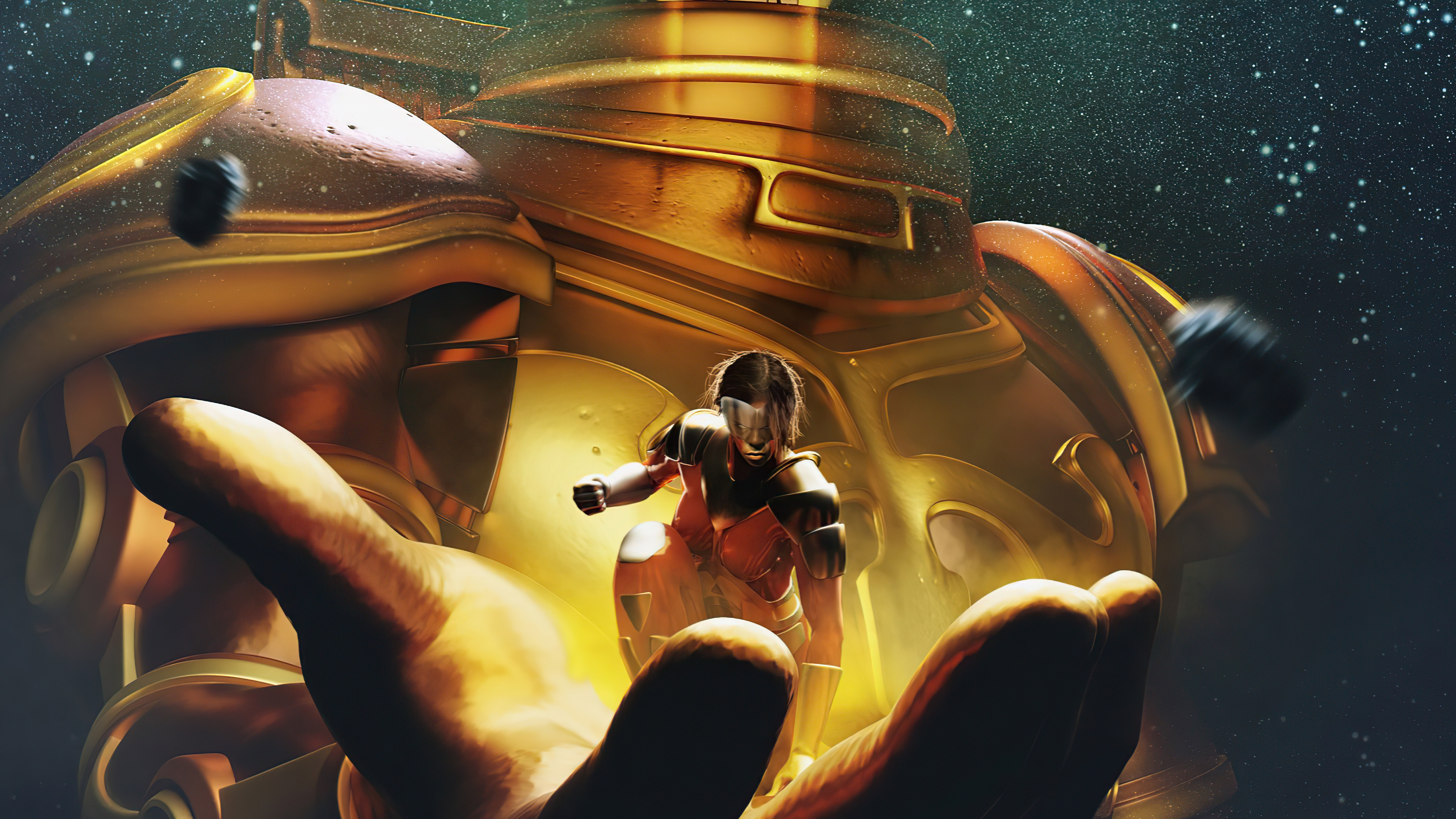 Thena from Eternals in a giant golden hand HD Wallpaper