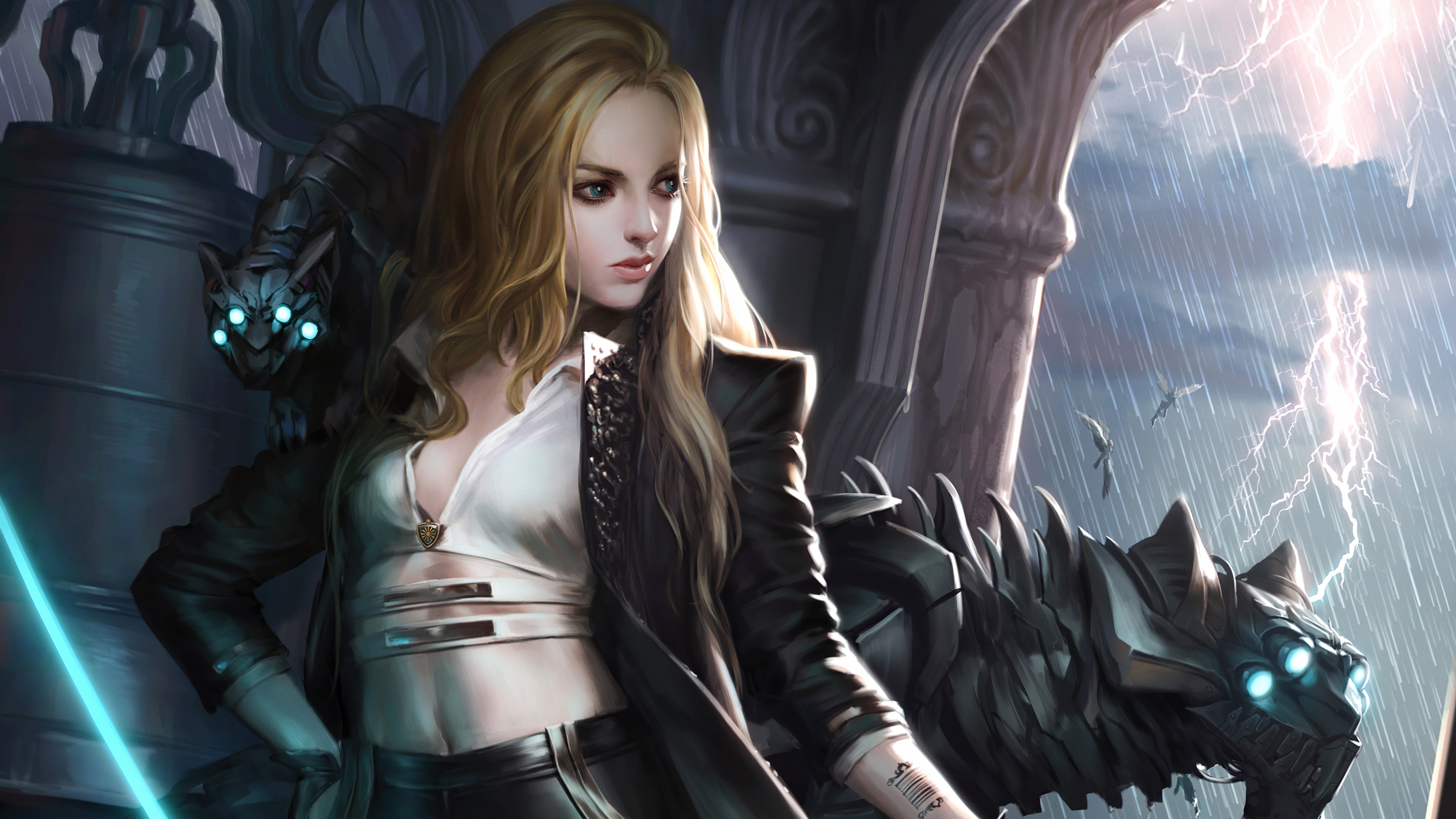 Fantasy Woman with Mechanical Cat and Lightning HD Wallpaper