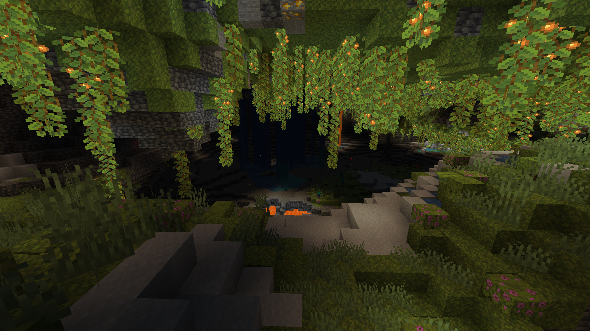 Minecraft Lush Cave with Hanging Vines and Lava HD Wallpaper