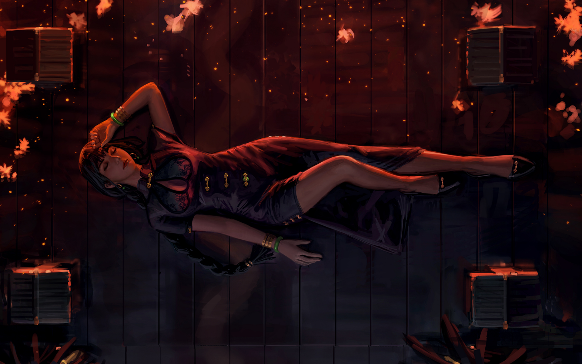 Woman in black dress lying on wooden floor HD Wallpaper