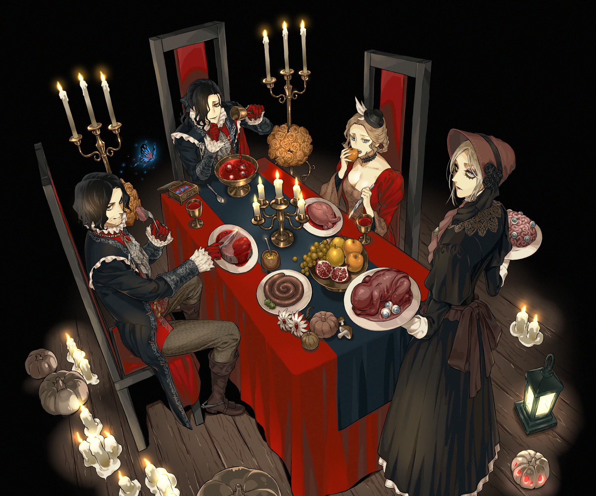 Characters at a macabre dinner party from Bloodborne HD Wallpaper