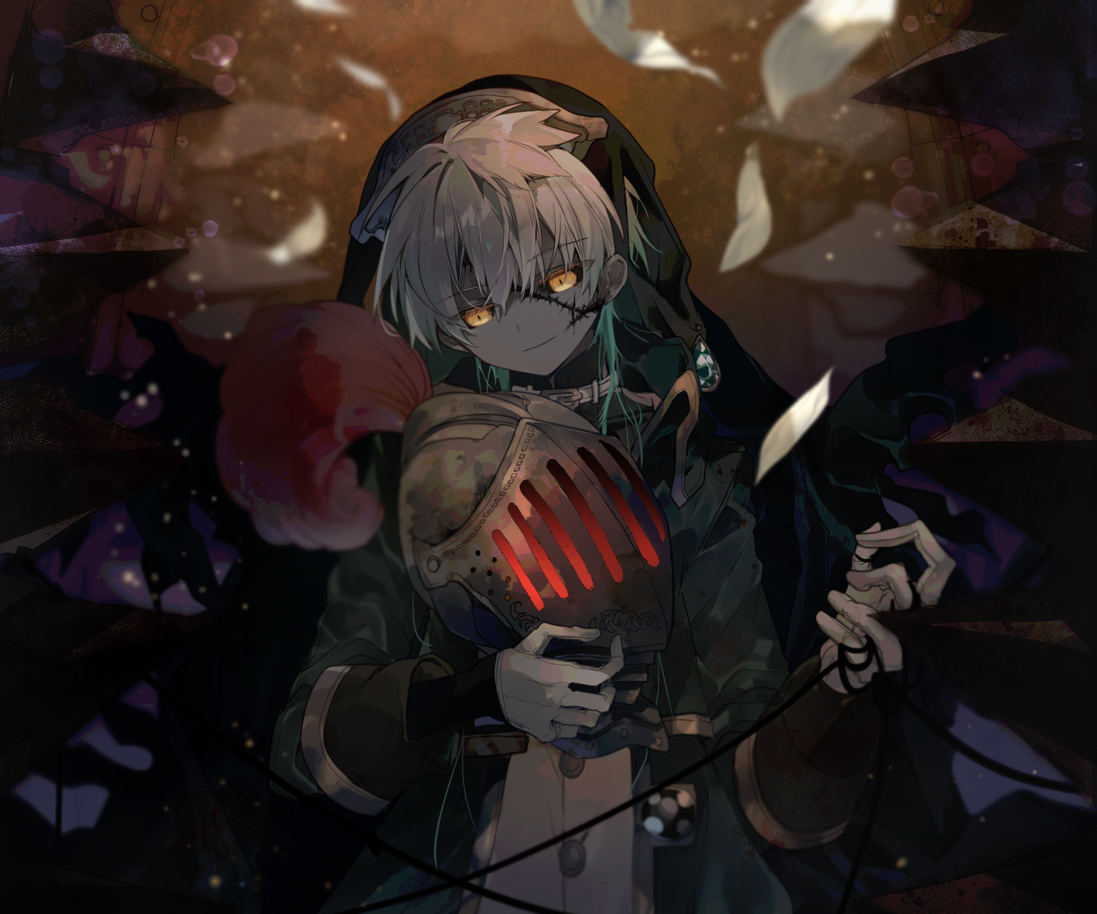 Anime boy with white hair holding a helmet HD Wallpaper