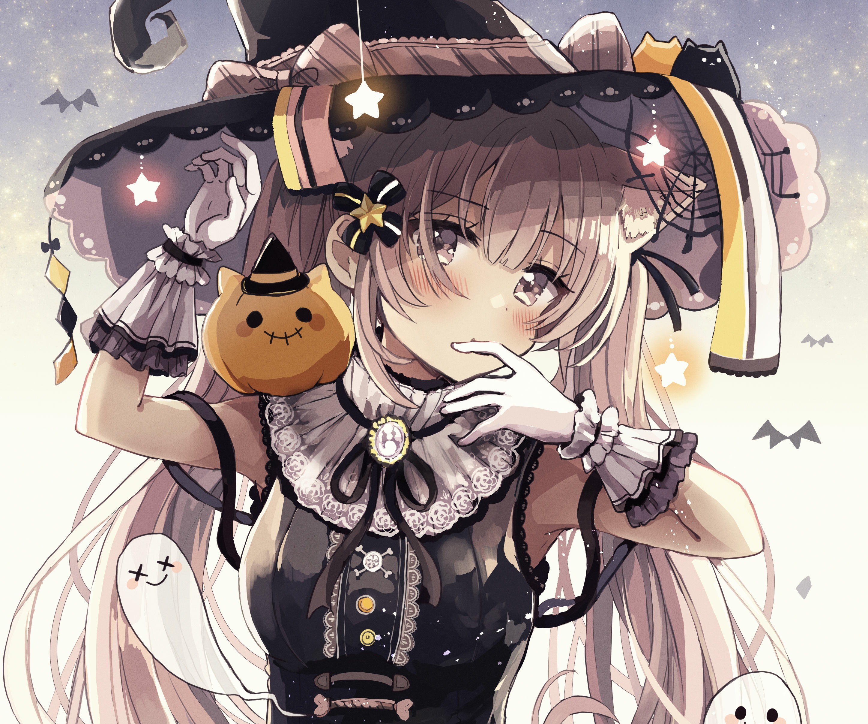 Anime girl in witch costume with Halloween decorations HD Wallpaper