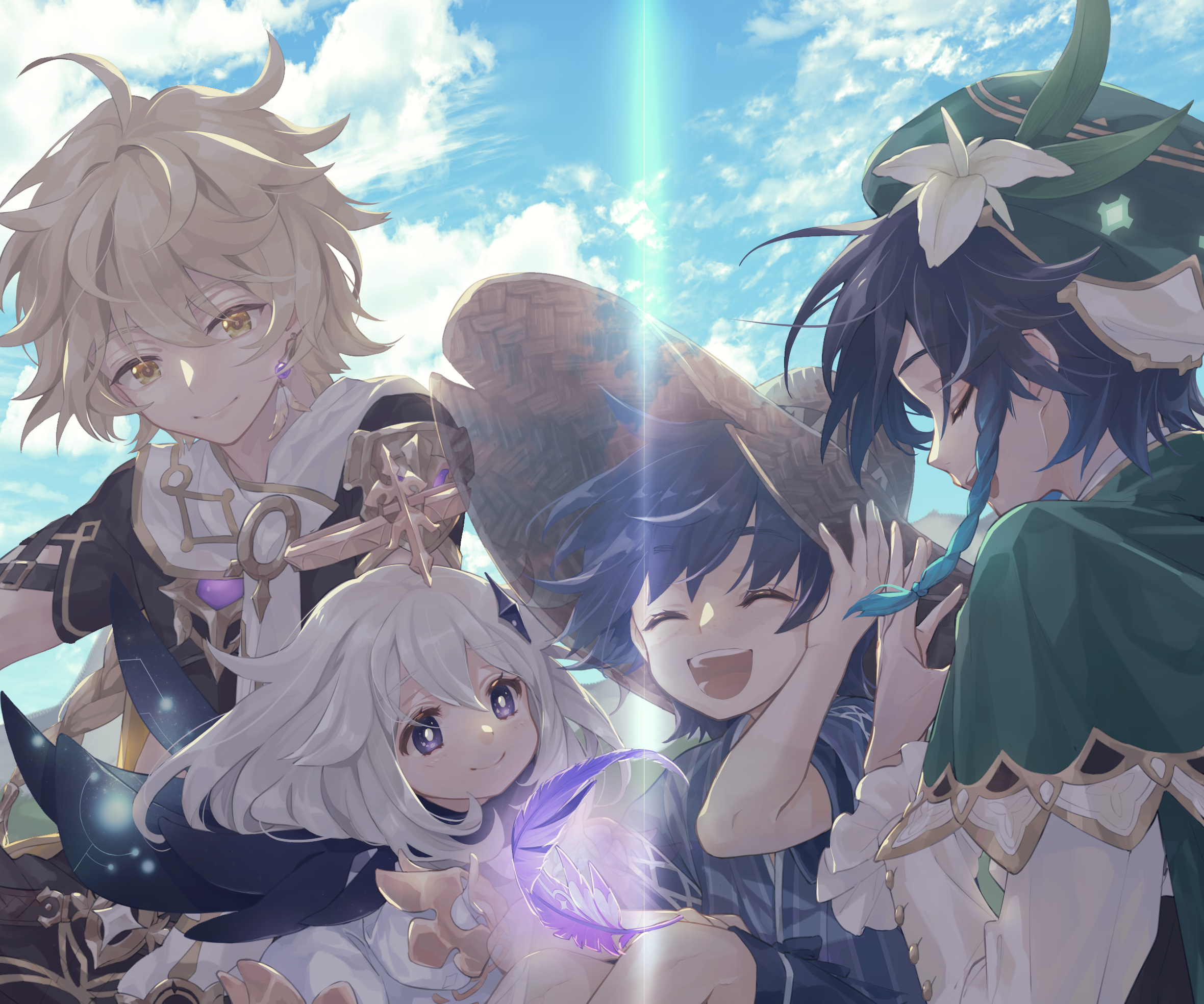 Aether, Paimon, Venti, and Ruu from Genshin Impact HD Wallpaper