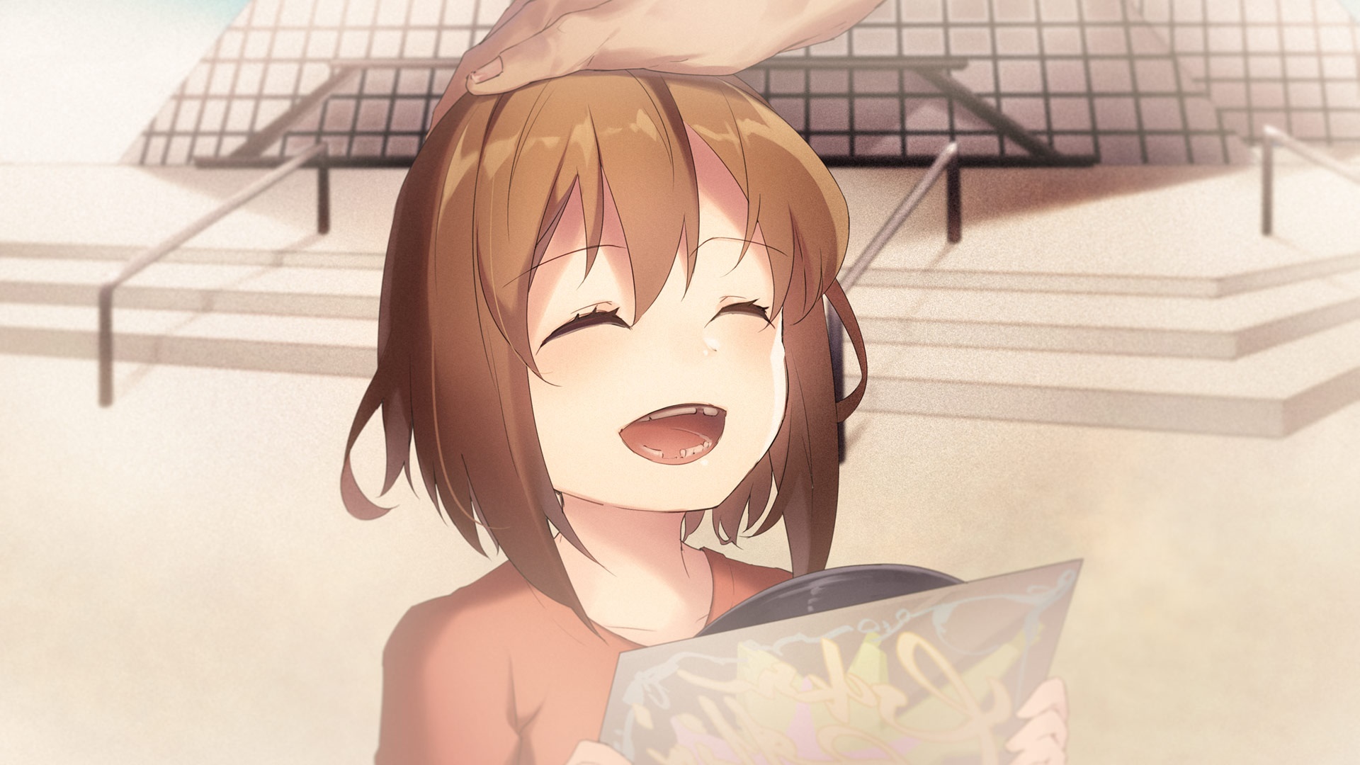 Girl holding a record with a hand on her head HD Wallpaper