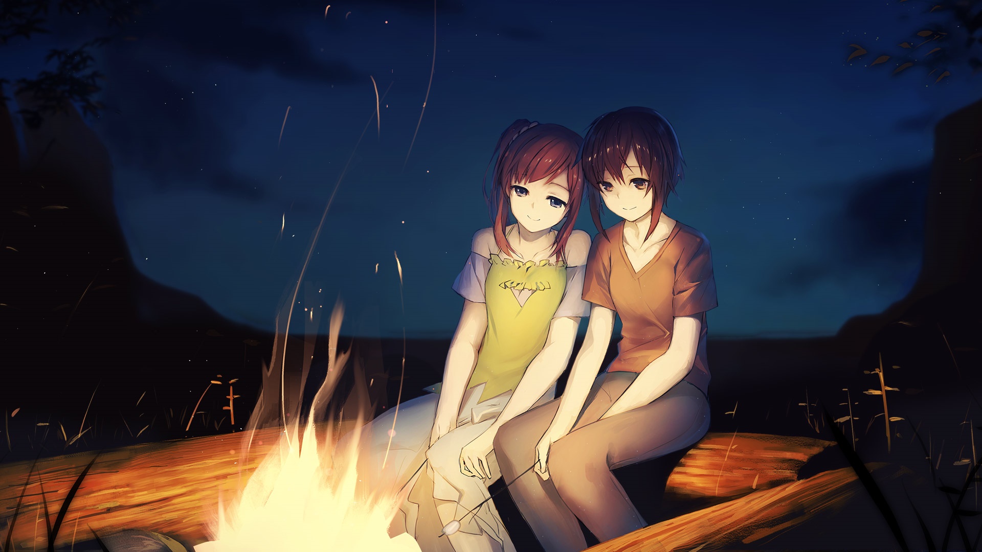 Two girls sitting by a campfire at night HD Wallpaper